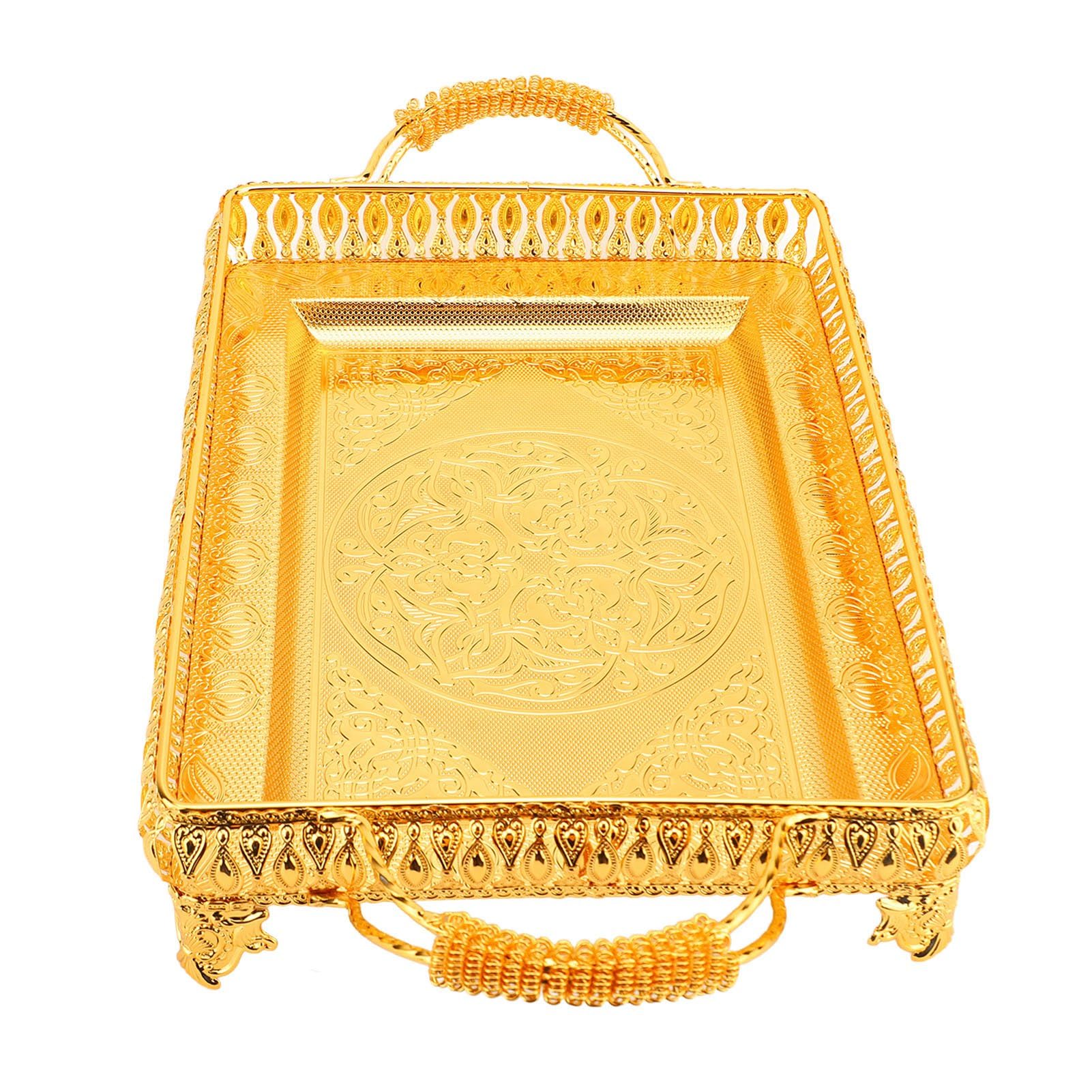Vassoio per porzione d'oro, piatto di metallo rettangolare, organizzatore di esposizioni decorative per la cena che intrattiene frutta natalizia