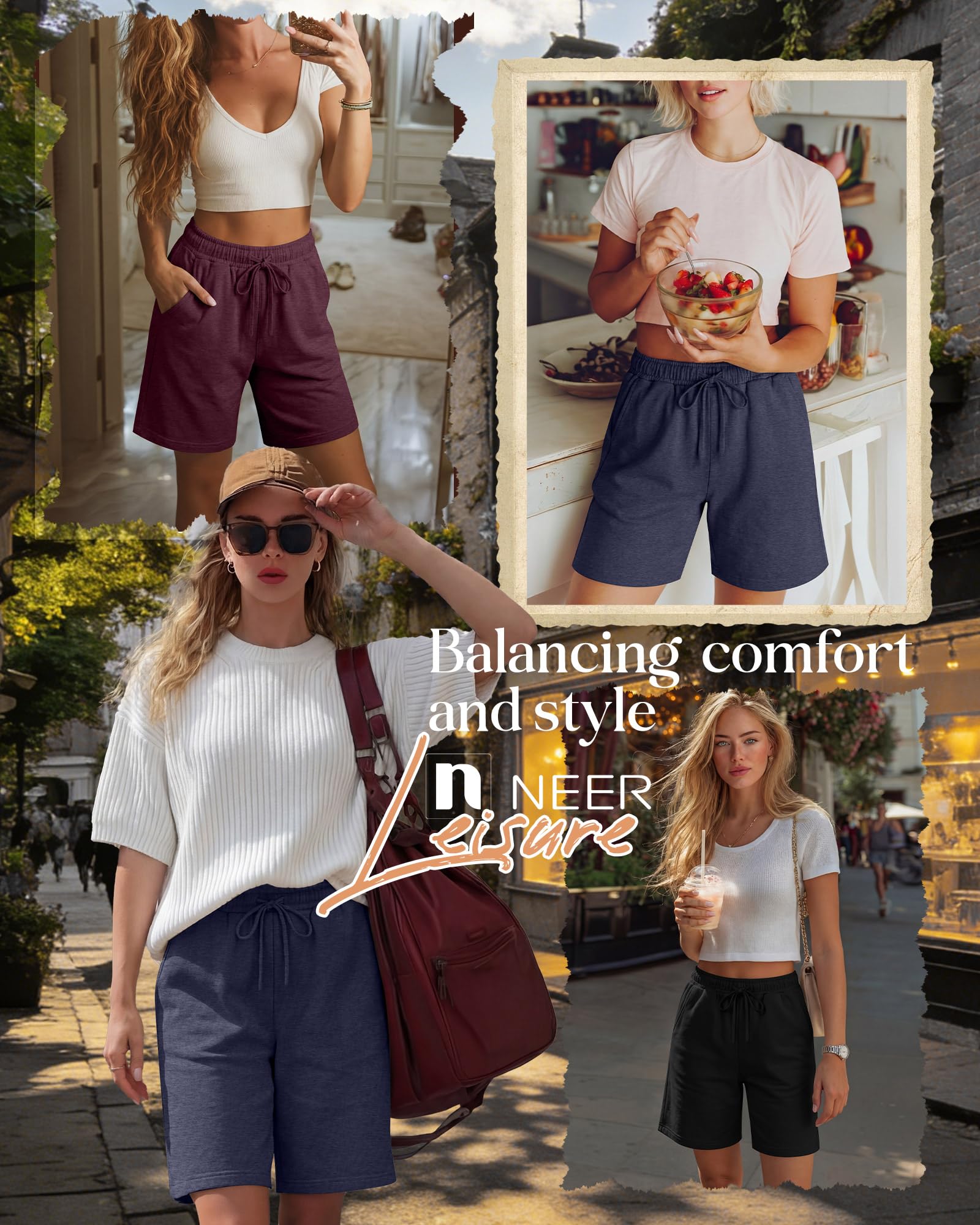Neer 3er-Pack Damen-Bermuda-Shorts, Jogger, Yoga, Sweatshirt, Walking, kurze Laufhose, knielang, Sport, Kordelzug-Shorts mit Taschen