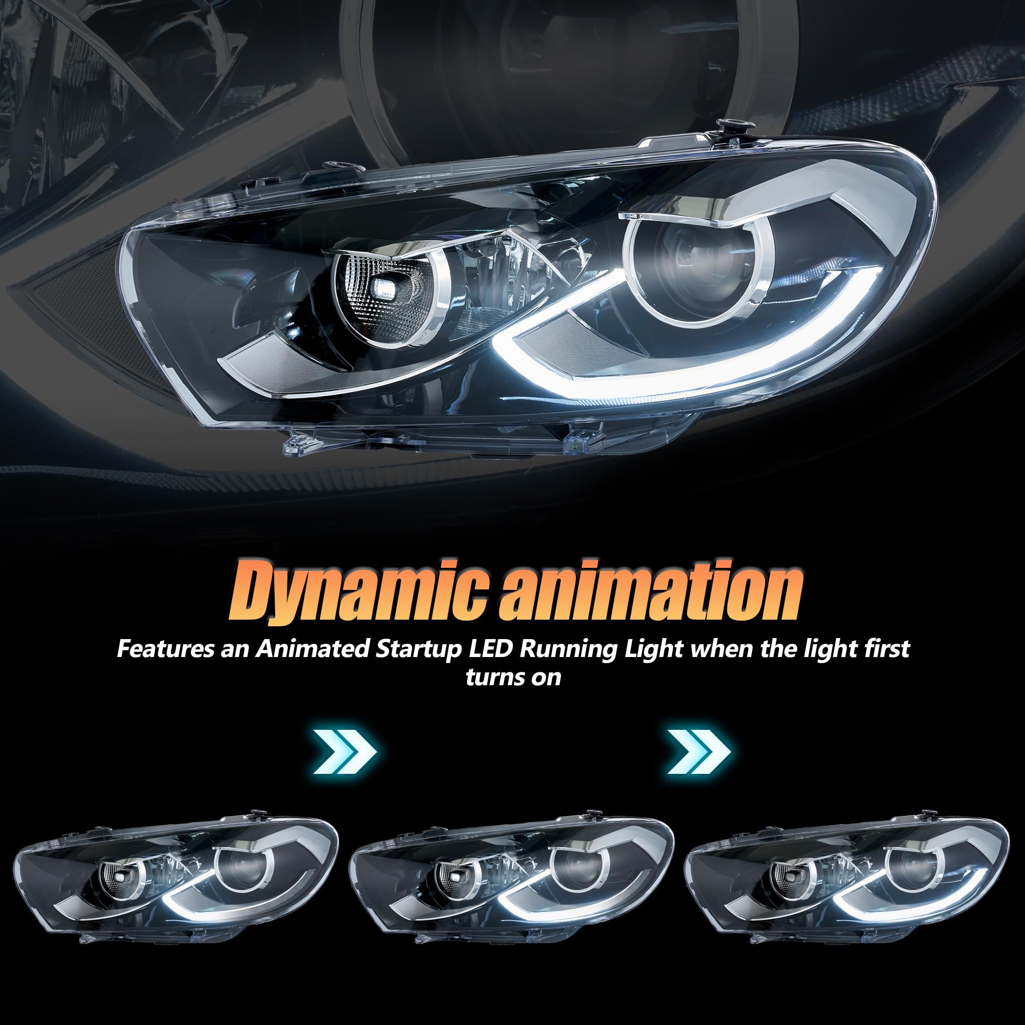 VLAND Fari per Scirocco 3 TSI TDI R 2009-2014 (alogeno/xeno/R), LED DRL, con display dinamico di avvio e indicatori di direzione sequenziali, 1 coppia