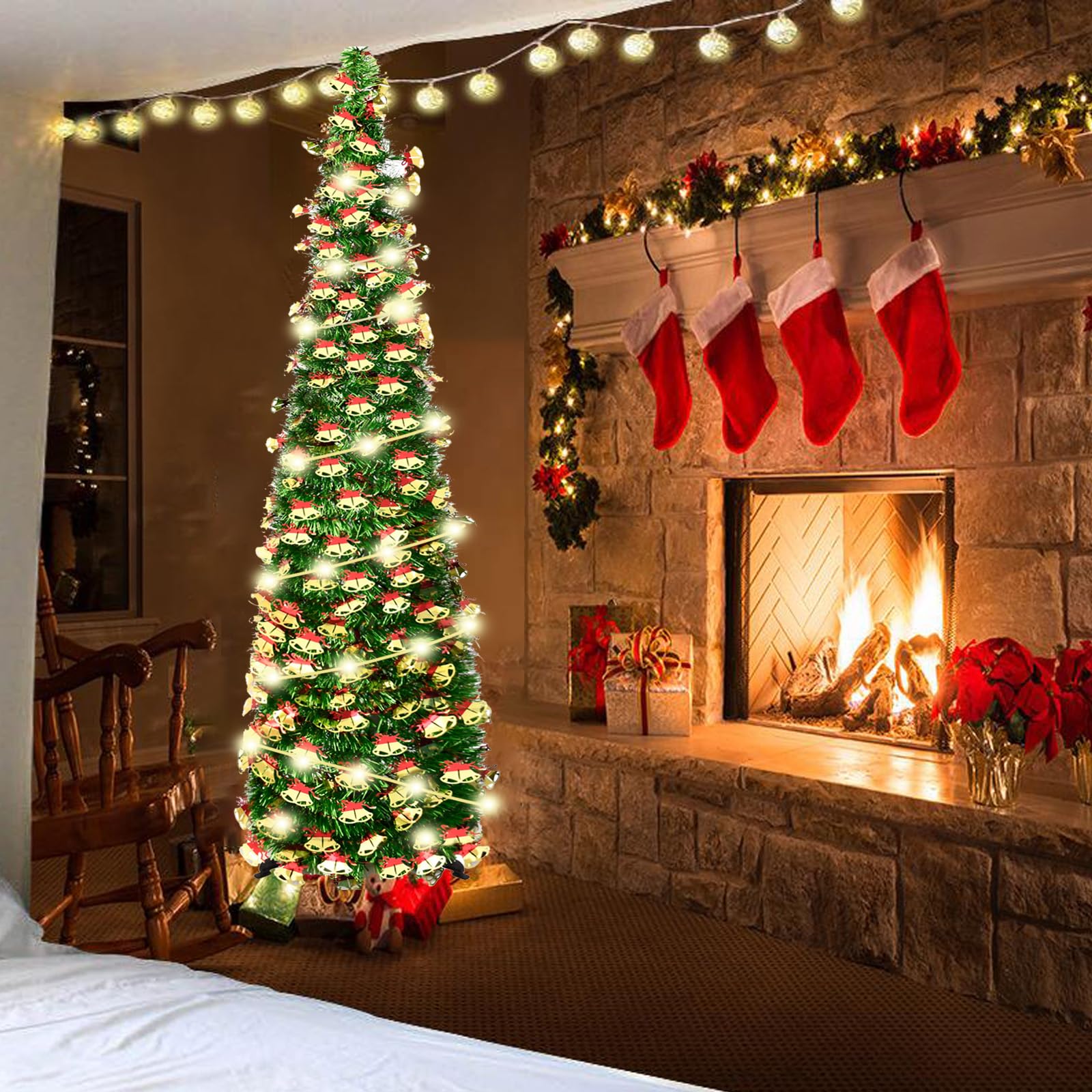 150cm arbol de Navidad Plegable,con strella Superior y 5 m de Luces de Hadas,Montaje rápido, Plegable, Decoraciones navideñas para casa, Chimenea, Oficina, Tienda, Hotel,Lentejuelas de Campana