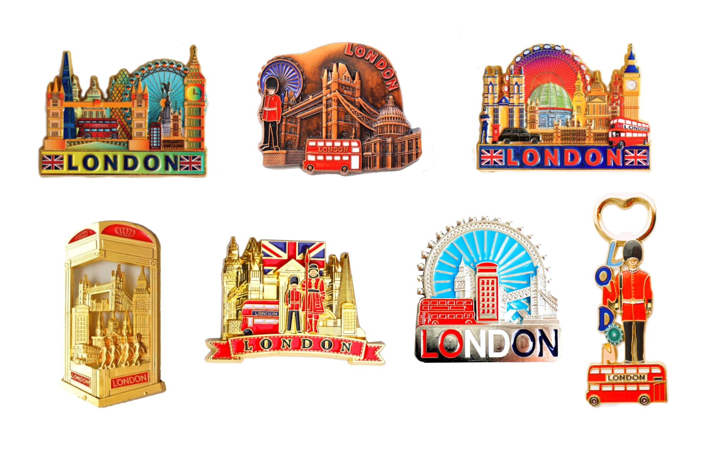 London Souvenir Magnet Set of 7 Metal 3D Fridge Magnets Featuring UK Landmarks | British Travel Gift for Tourists & Collectors | Color, Gold & Bronze Designs
