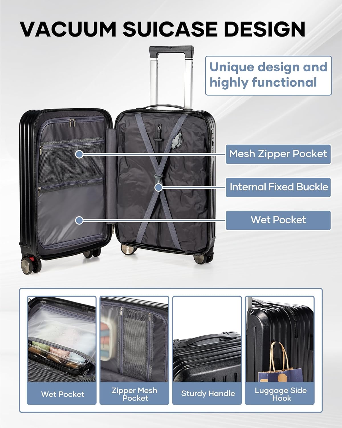 Carry On Luggage 22x14x9 Airline Approved With Vacuum Compression/Pump,20" Luggage Sets 4 Piece Carry On Suitcases With Wheels/Lock,Travel Essentials Waterproof Travel Bag