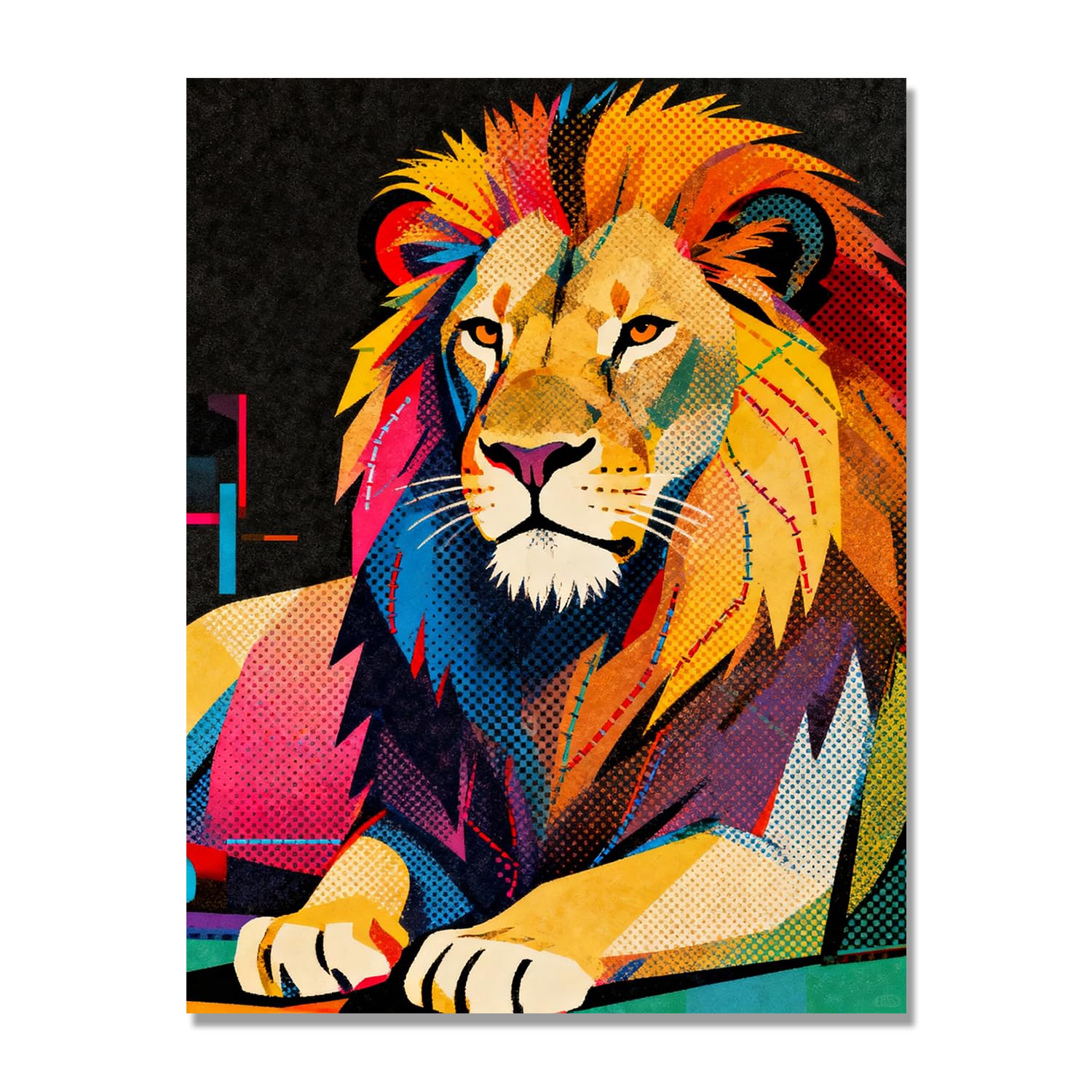 GYSDKUS Pop Art Lion Wall Art, Vibrant Red, Yellow and Blue Halftone Print, Bold Animal Portrait Poster. M04. 70x90cm-28x35in. Frameless