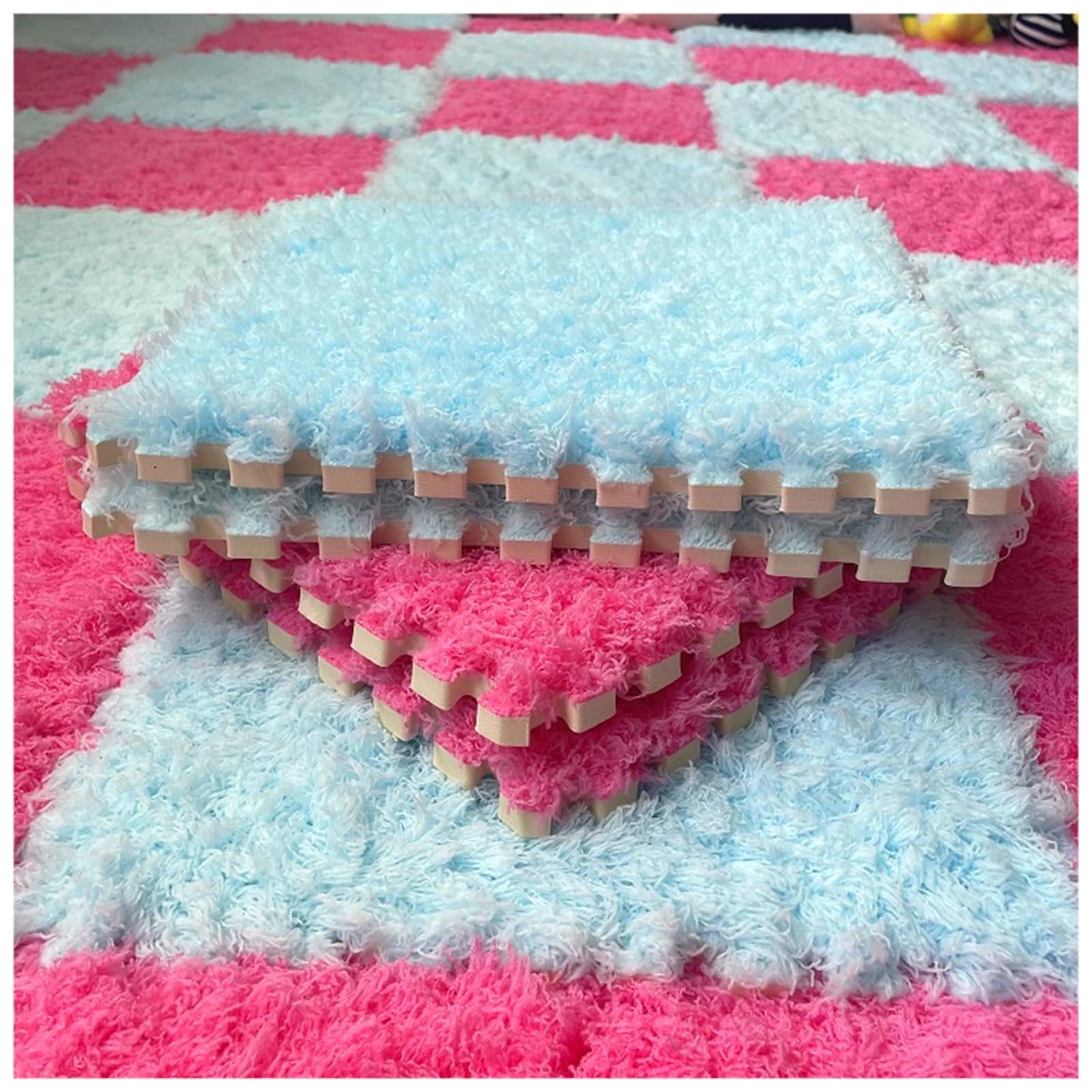 Thickened Plush Foam Interlocking Floor Carpet Mat,24 Piece 12x12in Fluffy Square Puzzle Foam Carpet Tiles with Edgings,Soft Anti-Slip Shaggy Area Rug