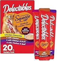 Hartz Delectables Squeeze Up Non-Seafood Lickable Cat Treats Variety Pack, 20 Count - Grain-Free Chicken Puree Tubes