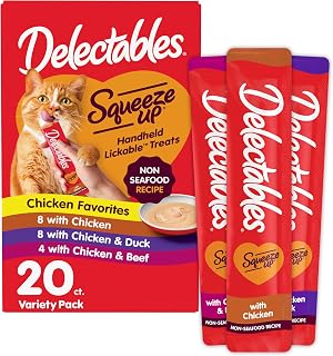 Hartz Delectables Squeeze Up Non-Seafood Lickable Cat Treats Variety Pack, 20 Count - Grain-Free Chicken Puree Tubes