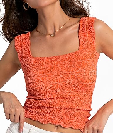 Women's Square Neck Wide Strap Crop Tank Tops Flower Going Out Tops Slim Fit Lettuce Trim Crop Cami Tops