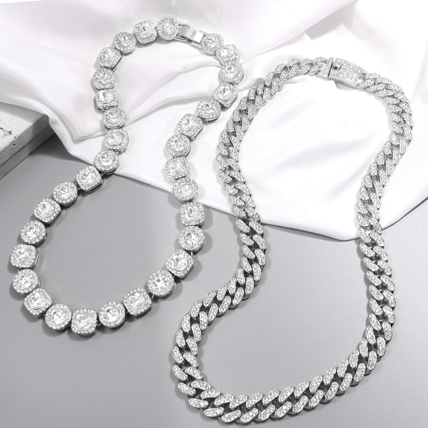 Women's 18+20'' Zinc Necklace, Clustered Diamond Tennis Chain & Heart Necklace Set, Hip Hop Jewelry, Gold, Cuban Link, for Female, Gifts - Image 4