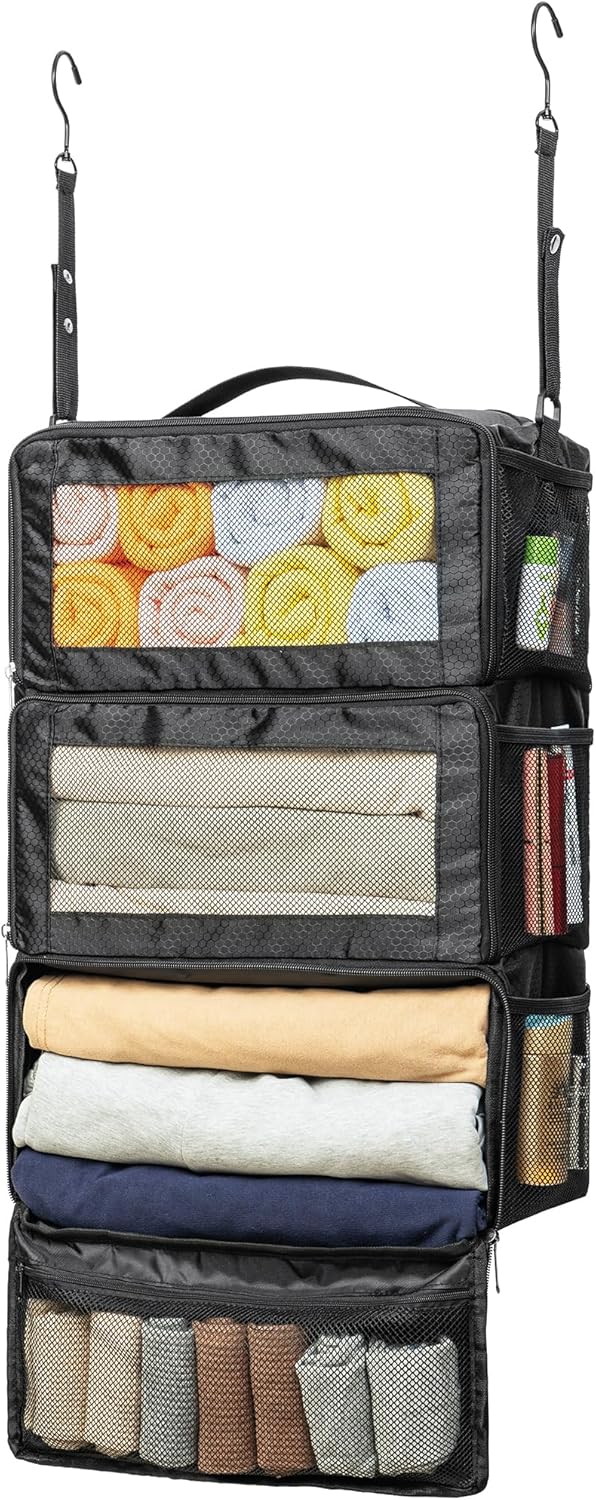 Suitcase Organizer – Hanging Travel Organizer with Carry On Luggage Compartments, Portable Hanging Shelves Packing Cubes for Cruise Ship Essentials, Medium, Black