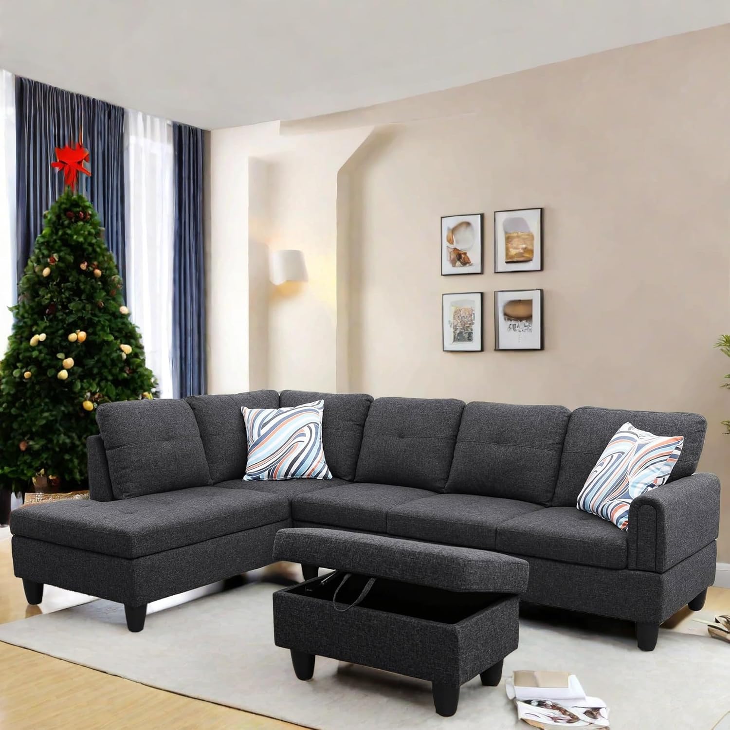 ((Incomplete))L Shaped Sectional Couch with Otttoman, 97\" Sectional Sofa for Living Room Flannel Modular Couches with Cup Holders for Bedroom, Apartments, Black Grey Black Grey a 97 inch