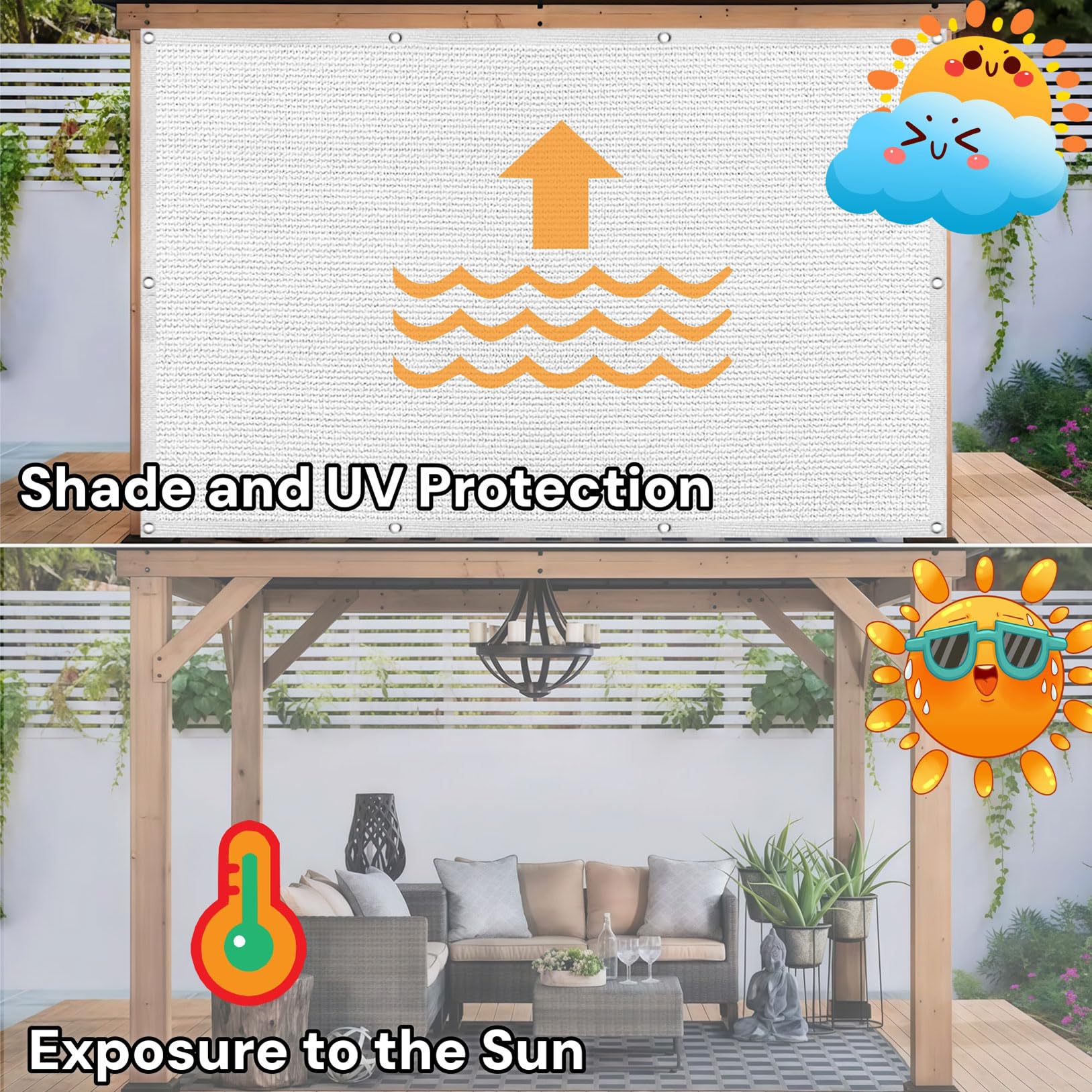 Sonnensegel 200 x 350 cm Atmungsaktiv 95% Uv-Schutz Rechteckig Segeltuch Sonnenschutz Reißfest Wetterfest, Ohne Bohren für Terrasse Balkon Garten Pool Camping, Weiß
