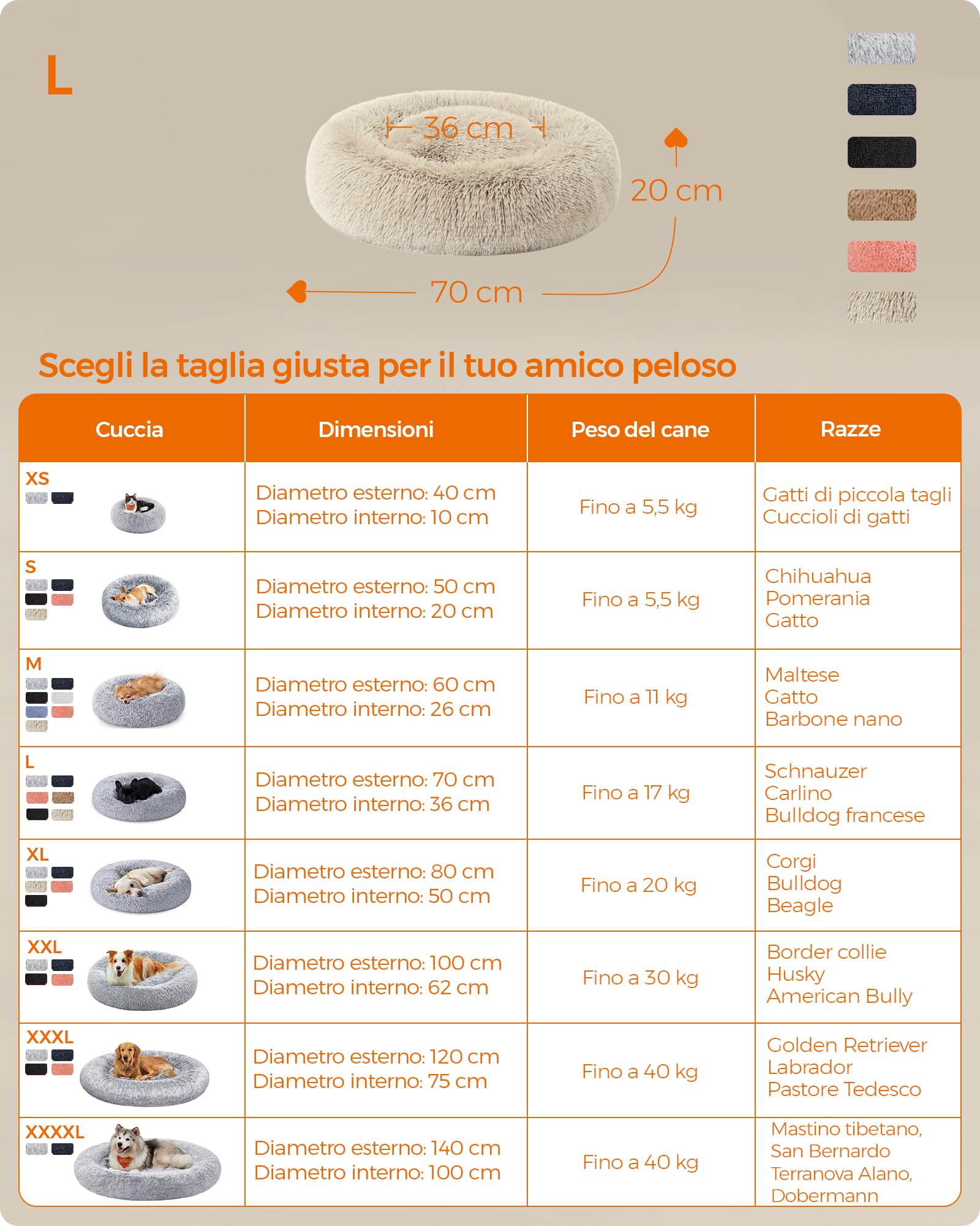 Feandrea Cuccia Cane Interno, Cuccia per Cani, Lettino per Animali Domestici a Ciambella, Cuscino Sfoderabile e Lavabile, Tappeto di Peluche, Diametro 70 cm, Cachi PGW039S01