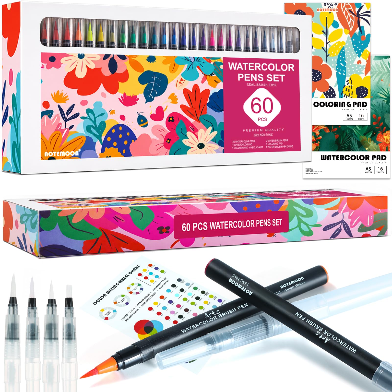 60 PCS Watercolor Pens Set with 52 Vivid Colors, Real Brush Tip Markers | Art Supplies Gi…