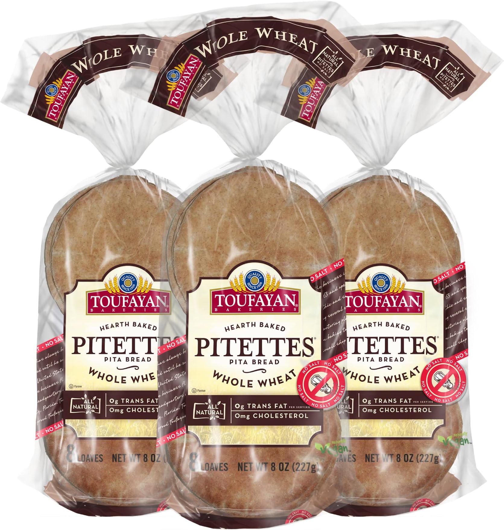 Toufayan Bakery, No Salt Whole Wheat Pita Bread Pitettes® | Cholesterol Free, No Trans Fat, No Sodium, Certified Kosher and Naturally Vegan (8oz bags, Pack of 3)