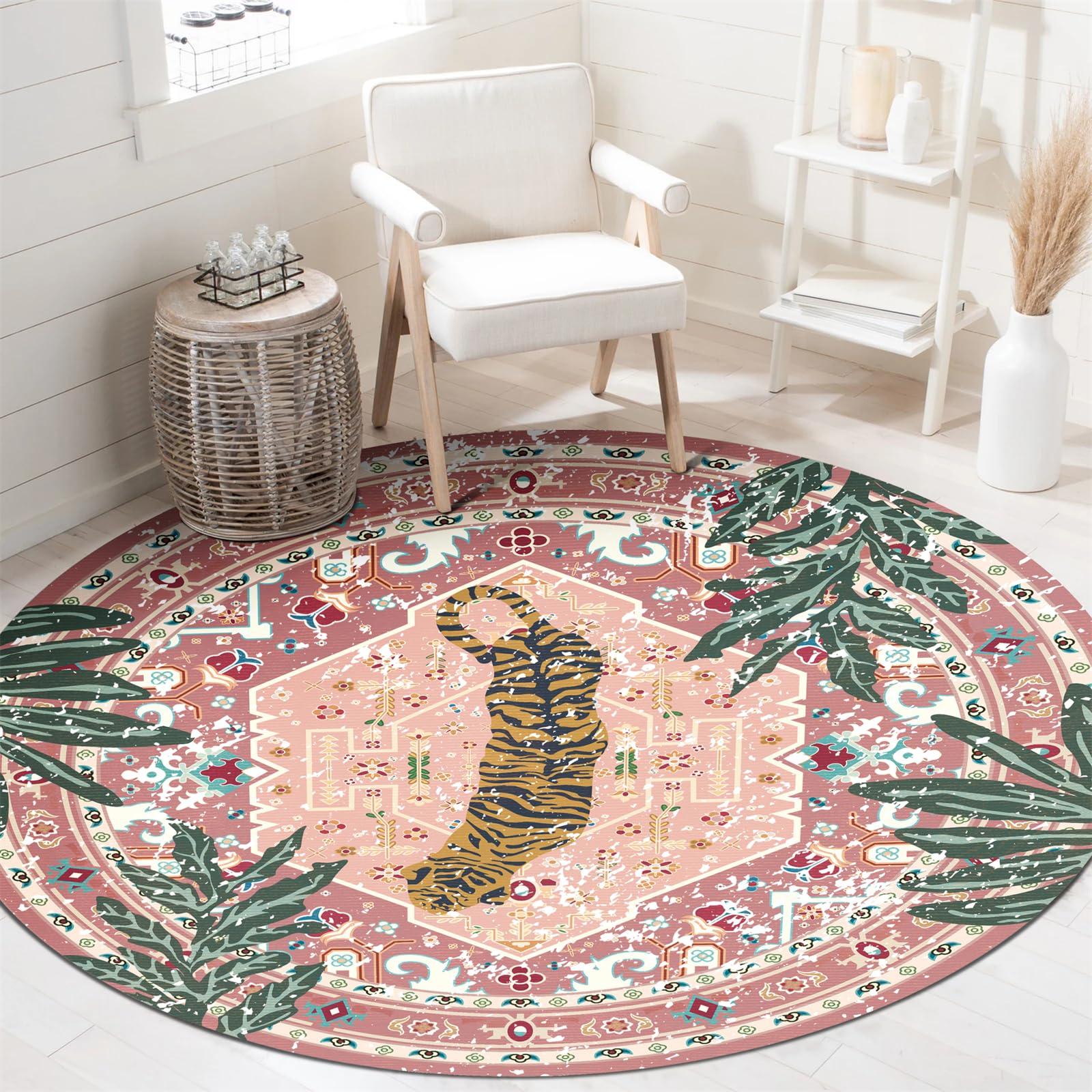 Waschbarer rosa Teppich, dünn, orientalisch, Boho, Vintage, niedlich, tropischer Leopard, 1,5 m, rund, für Schlafzimmer, Küche, Esszimmer, Wohnzimmer, Büro, Eingangsbereich, Used-Look,
