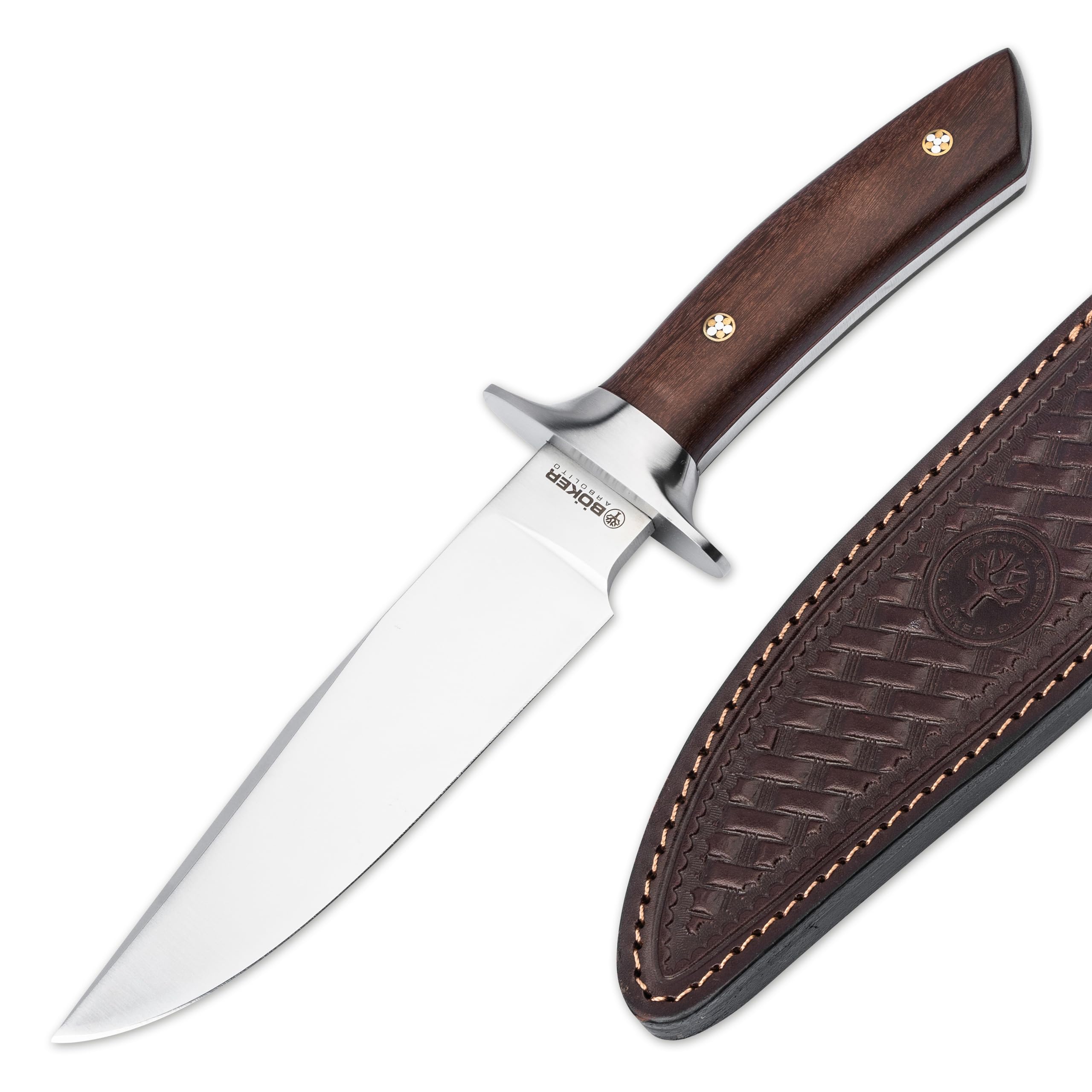 BÖKER ARGENTINIA® Torito GX - klassisches Jagdmesser mit feststehender Klinge 16,2 cm & Holzgriff - Bushcraft Messer mit Leder-Scheide braun - handgemachtes Profi Full Tang Abfangmesser für Outdoor