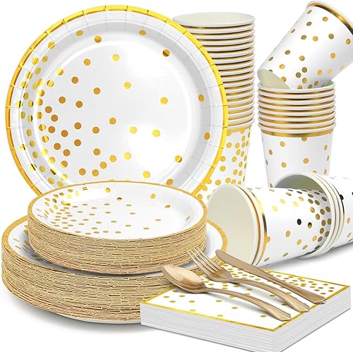 Suministros de fiesta de papel de oro blanco 50 platos de papel, 50 platos de postre, 50 servilletas, 50 tazas, 50 cuchillos, 50 tenedores, 50