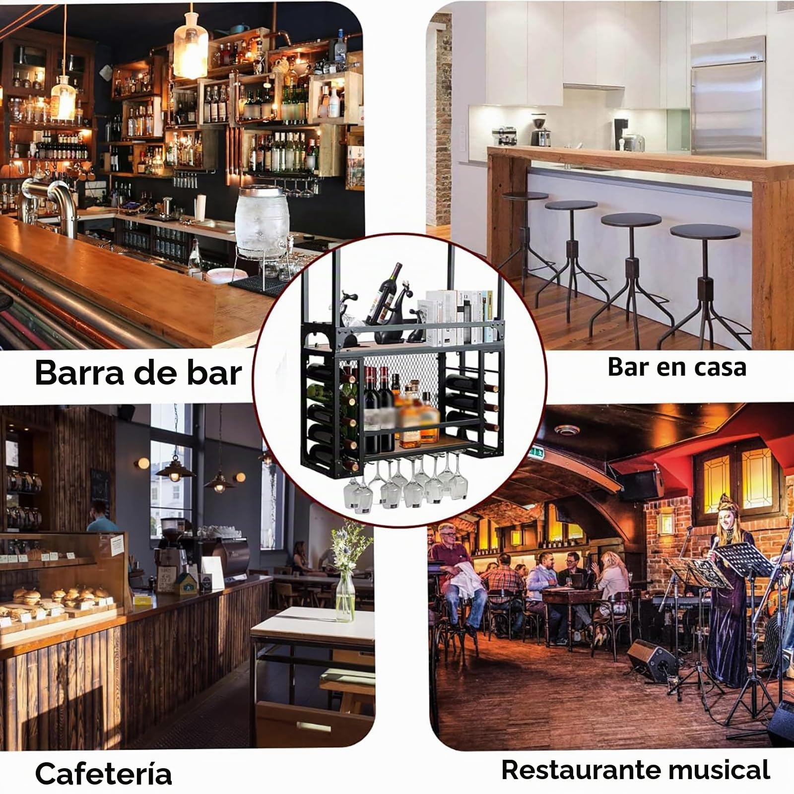 Botellero Colgante de Metal con luz LED, Soporte para Copas de Vino de Techo, Soporte rústico Industrial para Botellas de Vino de 2 Niveles, Soporte para Copas y Copas (100cm)