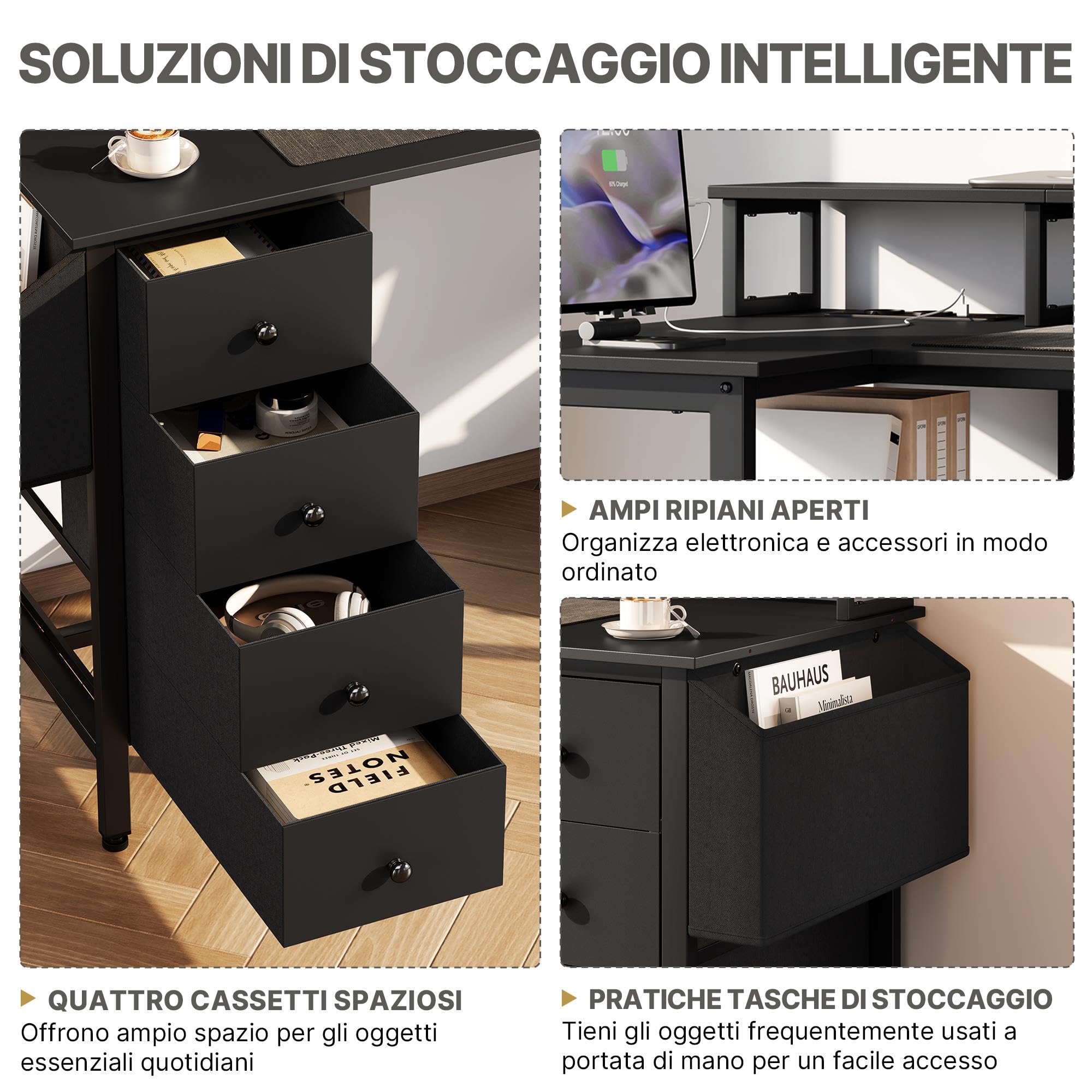 Scrivania Angolare con 4 Cassetti, 140x68cm Scrivania Reversibile | con Prese, Scrivanie a L con Scaffali Portaoggetti Tavolo per Casa Ufficio, Nero