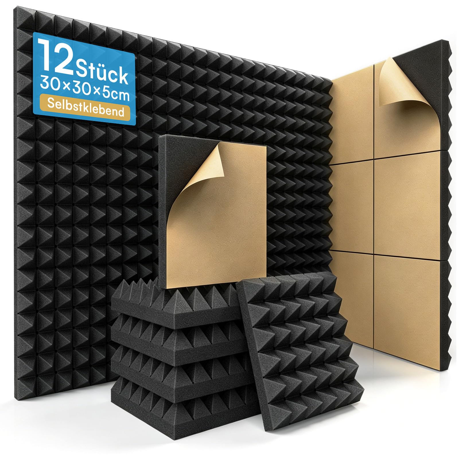 Lot de 12 mousses pyramidales autocollantes - 30 x 30 x 5 cm - Noir