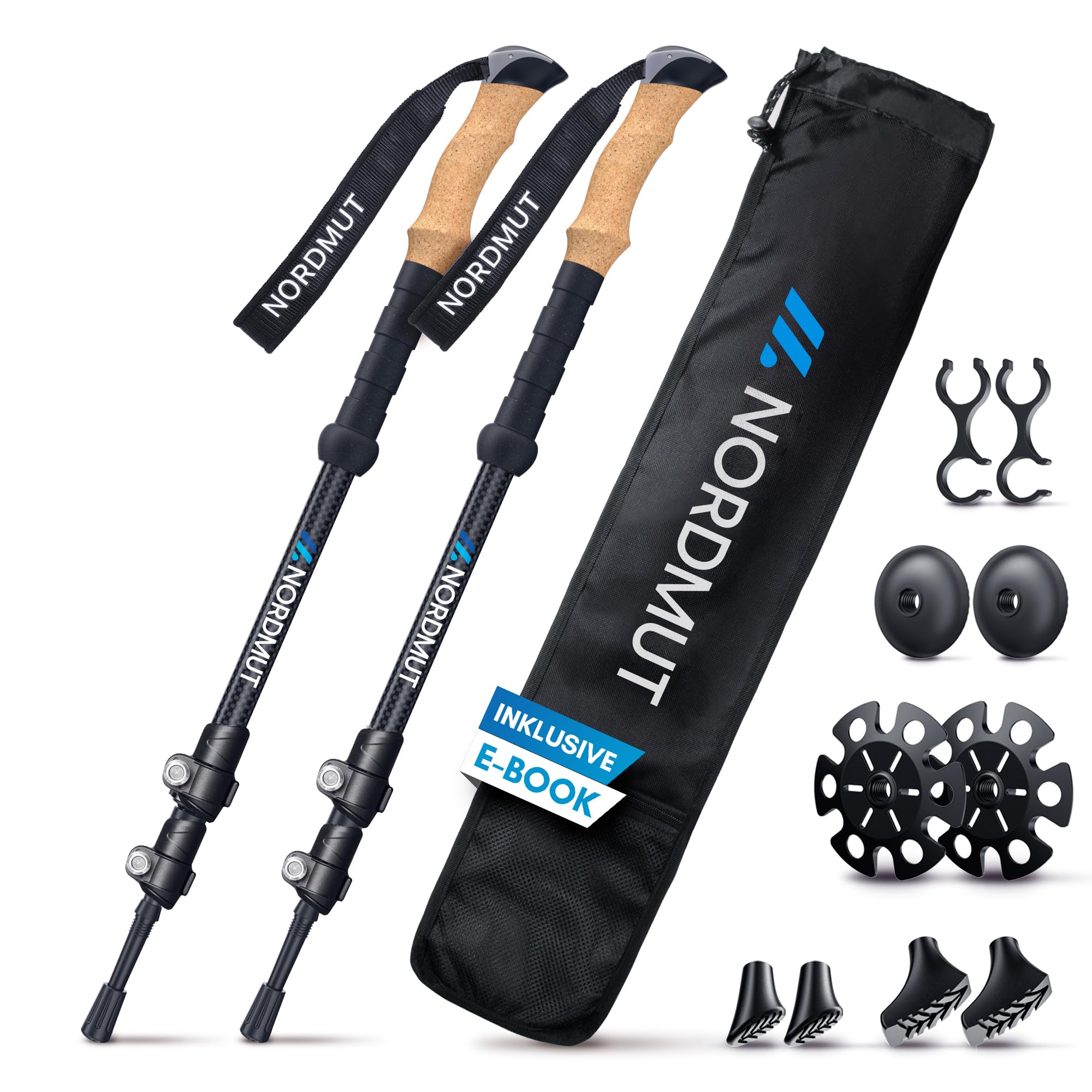 NORDMUT® Bastoncini da Trekking Telescopici | Bastoncini Nordic Walking Donna & Uomo | Trekking Ultralight [con Set Gommini] Regolabili con Impugnatura in Sughero Naturale (Carbone)
