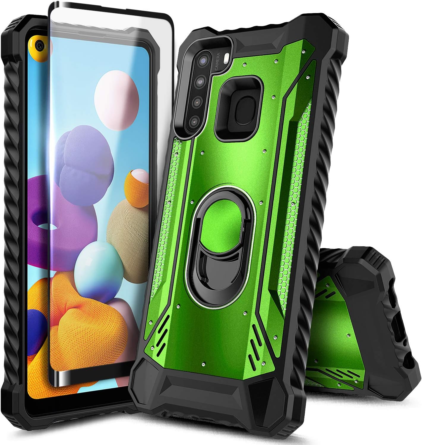 E-Began Case for Samsung Galaxy A21 (U.S. Edition) with Tempered Glass Screen Protector, Aluminum Magnetic Metal Built-in Ring Holder Stand, Full-Body Protective Shockproof Military Case -Green