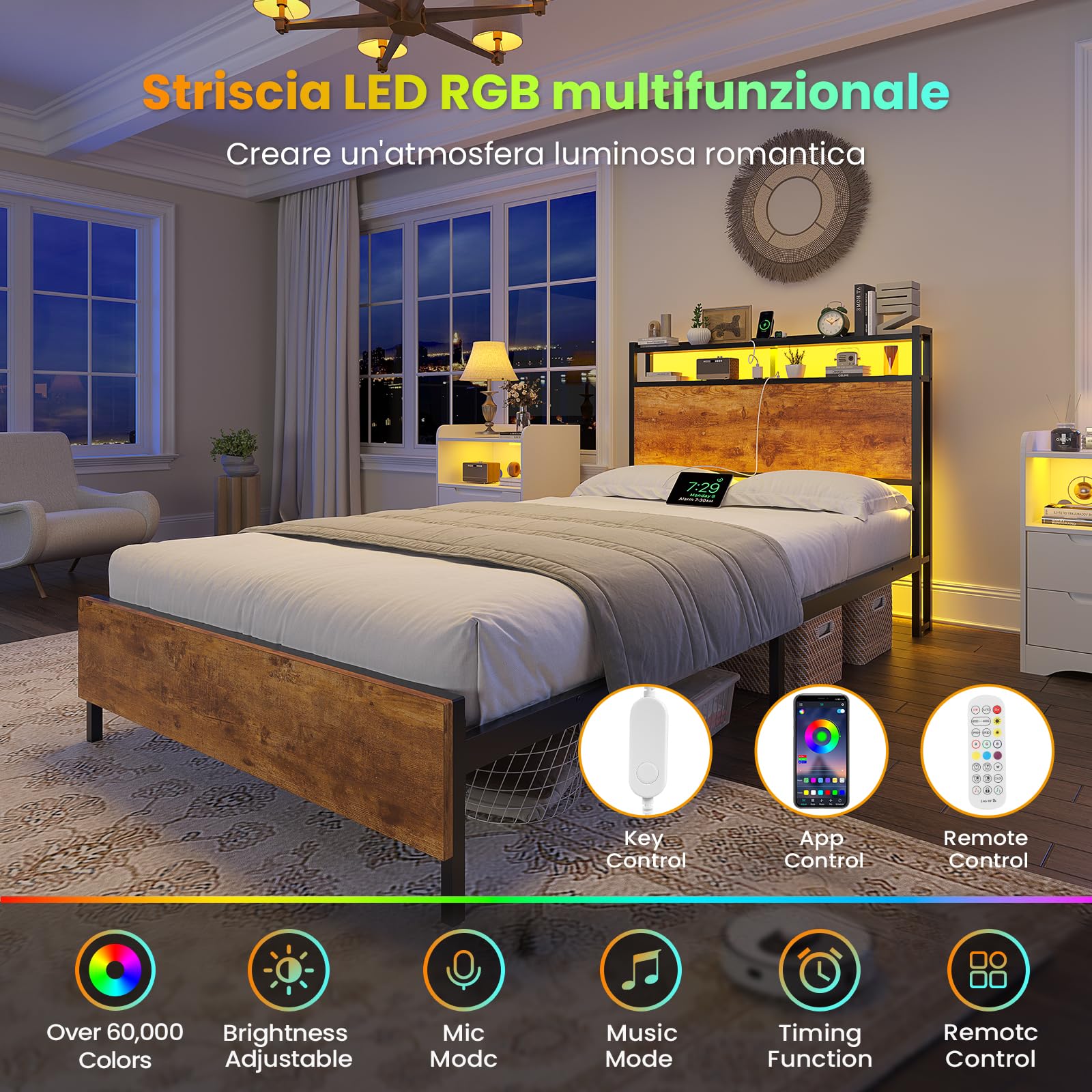 Brinlawb Struttura Letto Singolo 90x200 cm con Luce LED e Stazione di Ricarica (2 Prese CA, 2 Porte USB) Struttura Letto 90x200 cm con struttura in metallo, Facile da montare, Moderno, Marrone