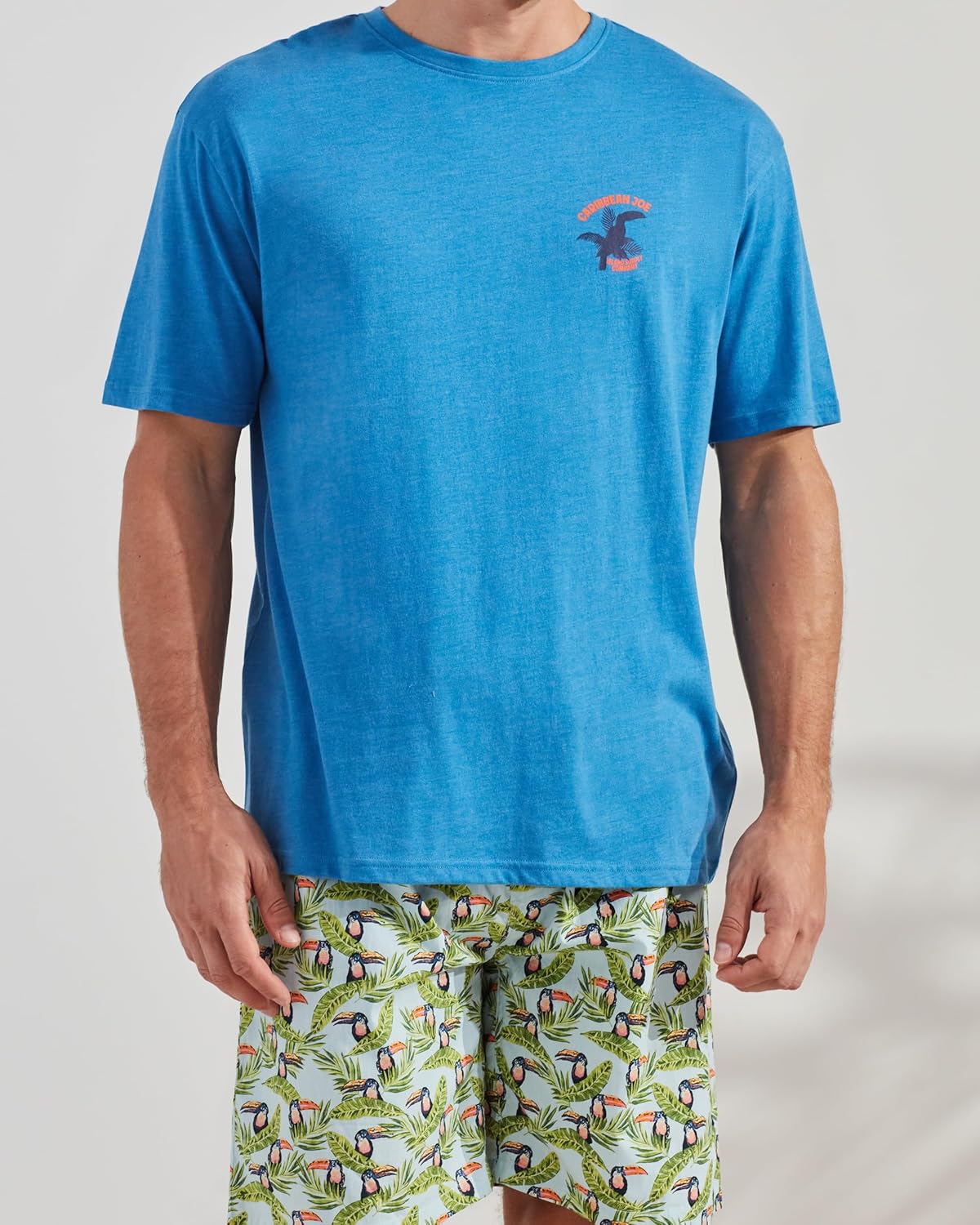 CARIBBEAN JOE Men's Men's Pajama Sleep Set, Toucan Shorts and Blue Crew Neck T-shirt Pajamas, Lightweight Novelty Pjs