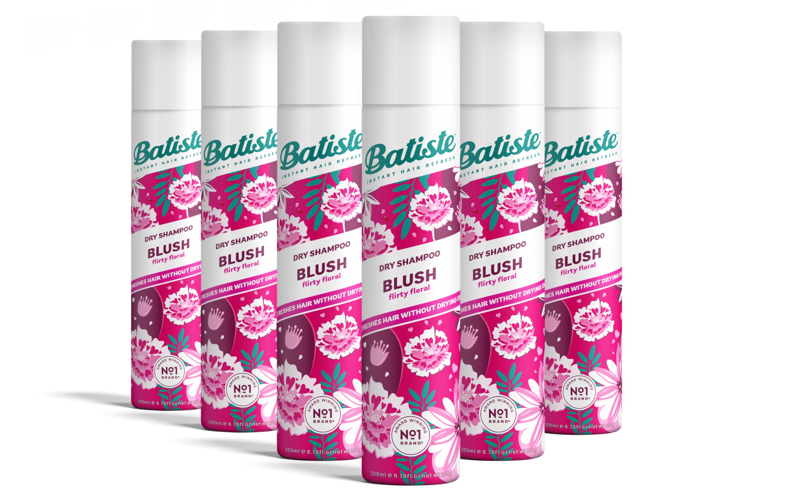 Batiste Dry Shampoo in Blush, Floral & flirty Fragrance, No Rinse Spray to Refresh Hair in Between Washes – 6 x 200ml Multi Pack