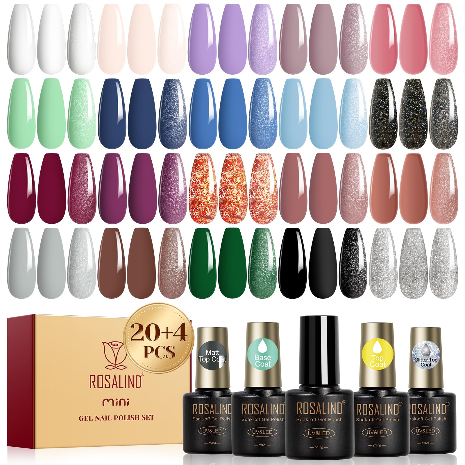 ROSALIND 24pcs Gel Polish Set with 4 Bottles of Base and Glossy Matte Glitter Top Coat Brown Purple Gel Nail Set Suitable for All Seasons