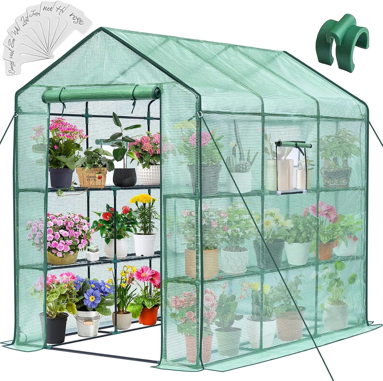 Greengro Greenhouse, 57 x 85 x 76'' Greenhouses for Outdoors, Portable Greenhouse Kit with Mesh Side Windows, PE Cover, 8 Shelves, Heavy Duty Walk in Green House for Backyard Garden Indoor Outside Style-4