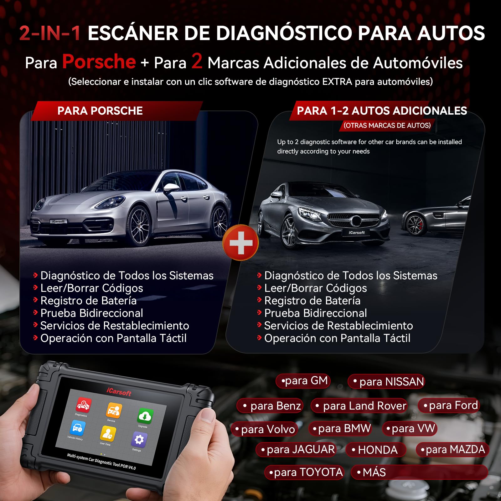 iCarsoft por V4.0 Herramienta de Diagnóstico para Porsche +2 Marcas de Vehículos Extra, Escáner OBD2 con Prueba Bidireccional/26 Servicios (177 Subservicios) +66 Servicios Extra, Registro de Batería