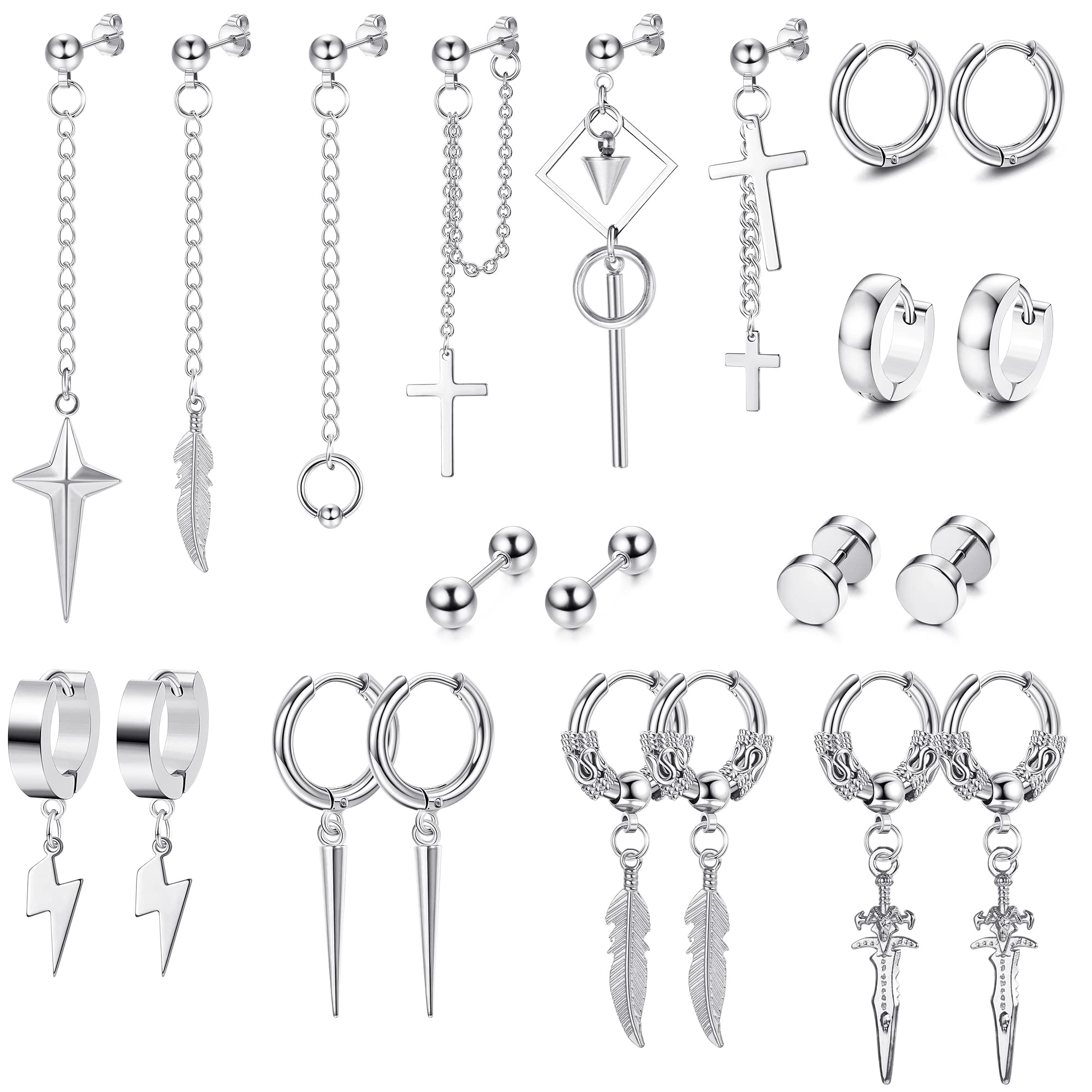 Fiasaso 22Pcs Dangle Earrings for Men Stainless Steel Hinged Hoop Earrings Long Chain Stud Cross Dangle Earrings Set Kpop Earrings for Mens Black, Silver and Gold - Silver