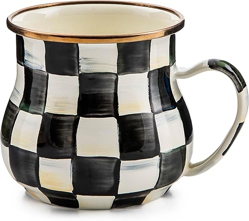 MACKENZIE-CHILDS Taza esmaltada, bonita taza de café o taza de té, 16 onzas, vasos únicos, Courtly Check
