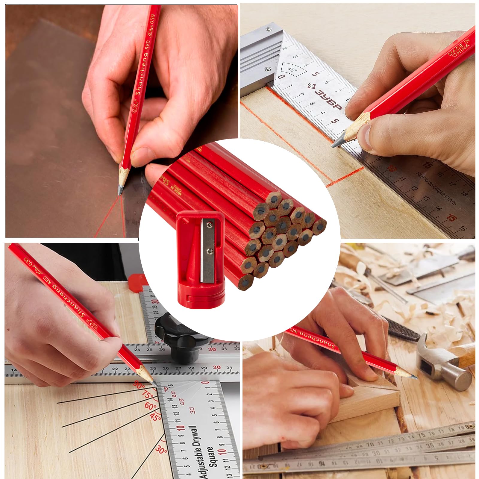 Set 12 Matite Rosse Da Falegname 17,8 Cm Con Temperamatite E Portamatite Retrattile - Per Legno, Edilizia E Fai Da Te - 2