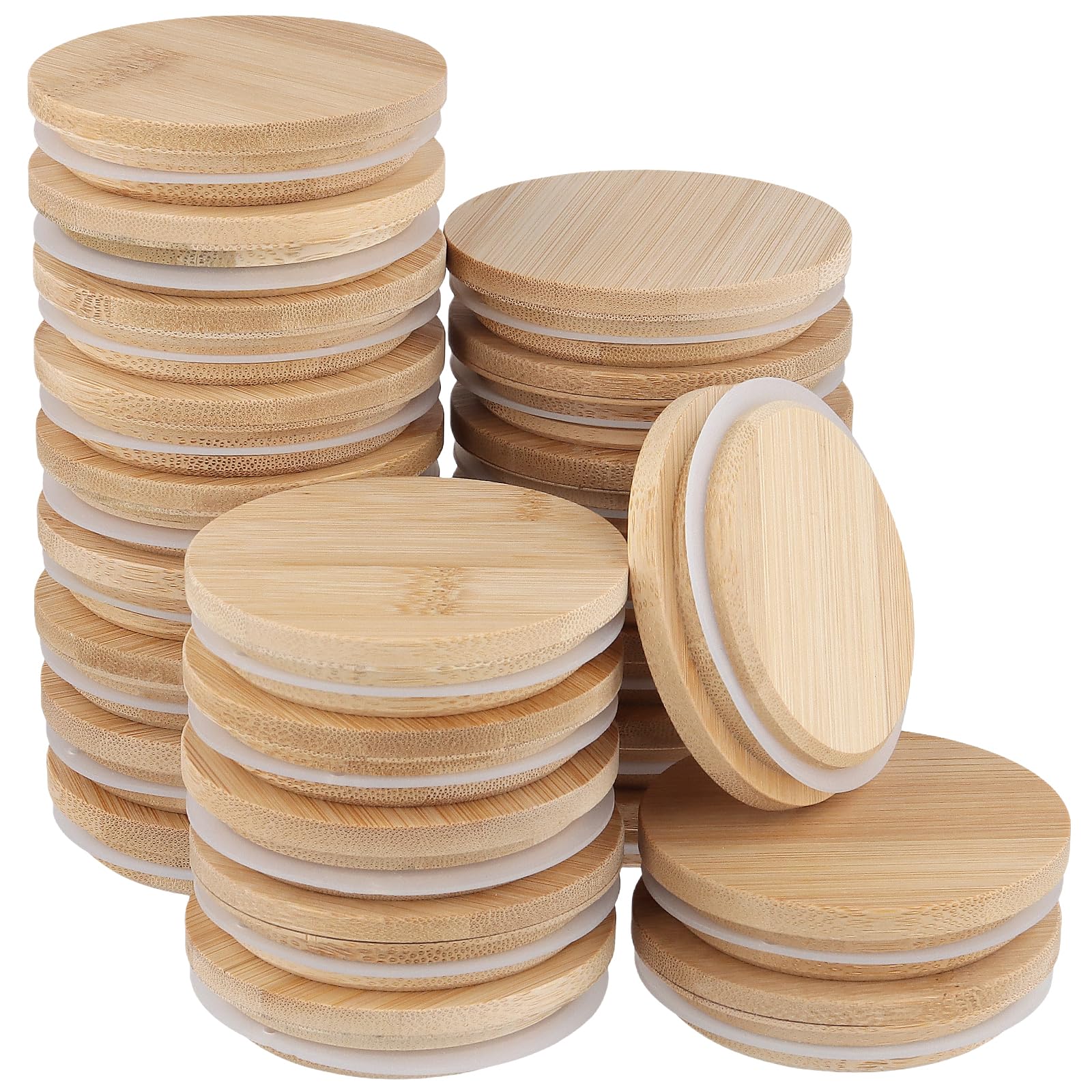 SINJEUN 24 pezzi, 8 x 8 cm, colore legno, coperchio in bambù, coperchio con guarnizione in silicone, coperchio in legno per barattoli, pentole per yogurt, feste