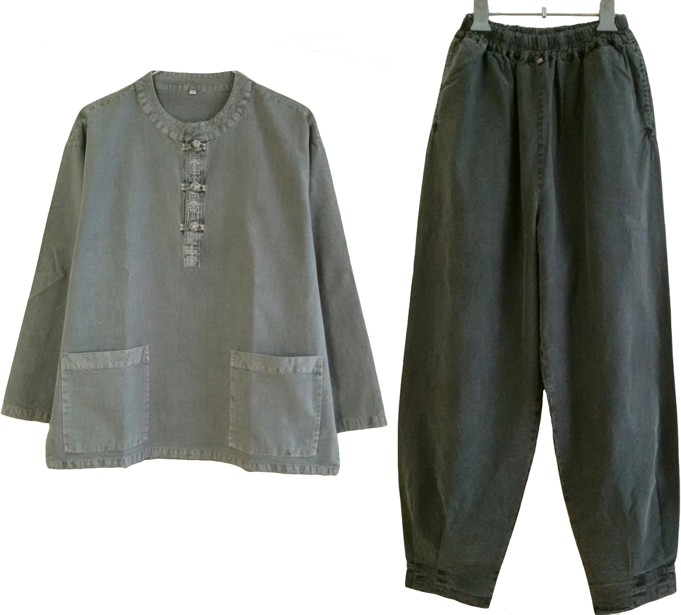 Men Women Cotton 100% Embroidery Shirt or Pants Zen Meditation Clothing, Yellow Green Shirt, Large