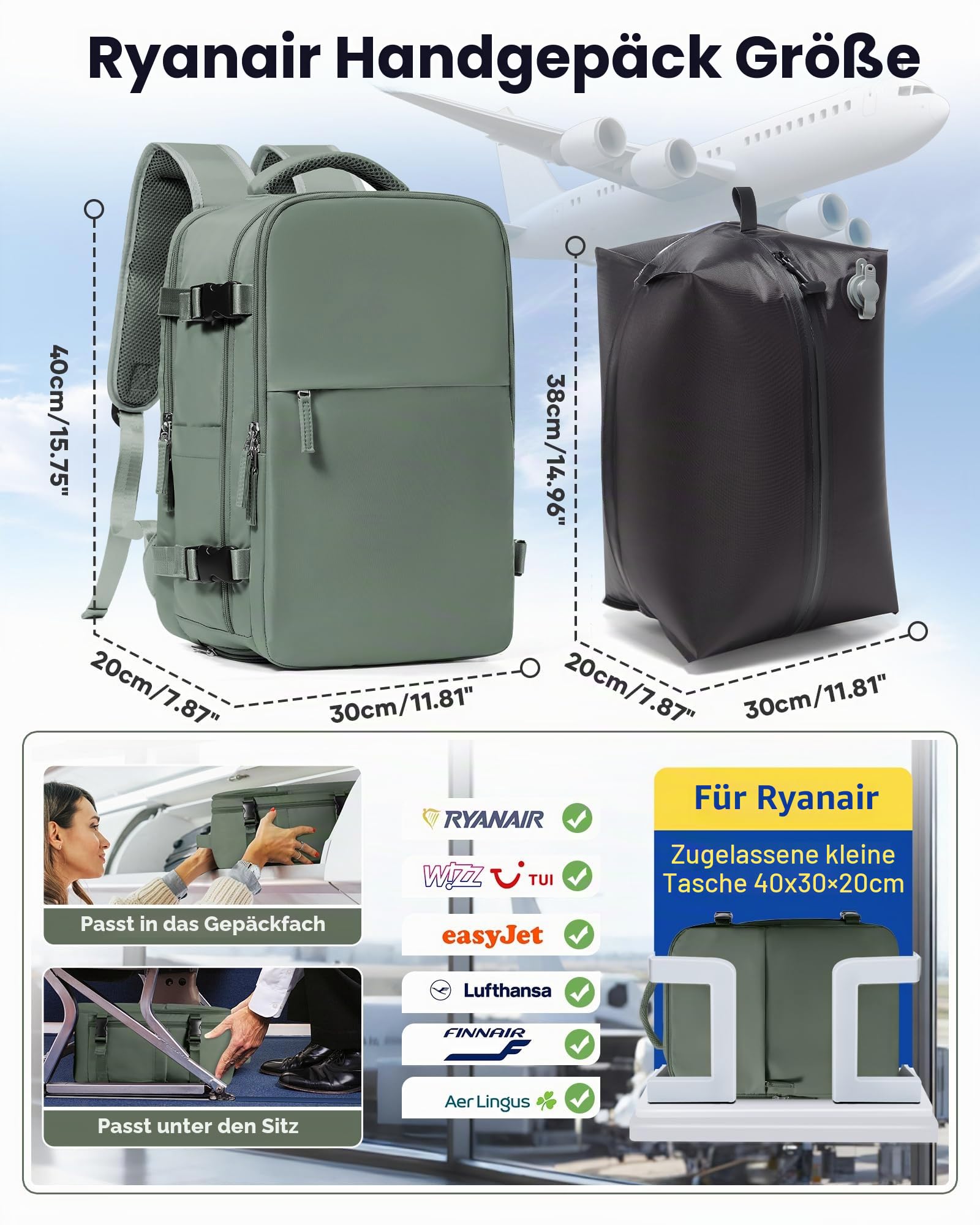 BJLFS Vakuum Rucksack Ryanair Handgepäck 40x30x20 Wizzair Reiserucksack | Handgepäck Flugzeug Vakuum Easyjet Airbag Travel Bag mit Pumpe Wasserdichter Tagesrucksäcke Damen Laptop Rucksack Herren