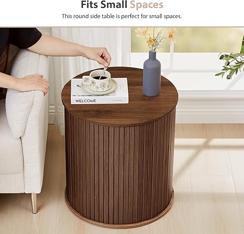 Miniatura 2 de LEVNARY Juego de 2 mesas auxiliares redondas anidables, mesas auxiliares de media luna con tapas de almacenamiento, mesitas de noche estriadas con