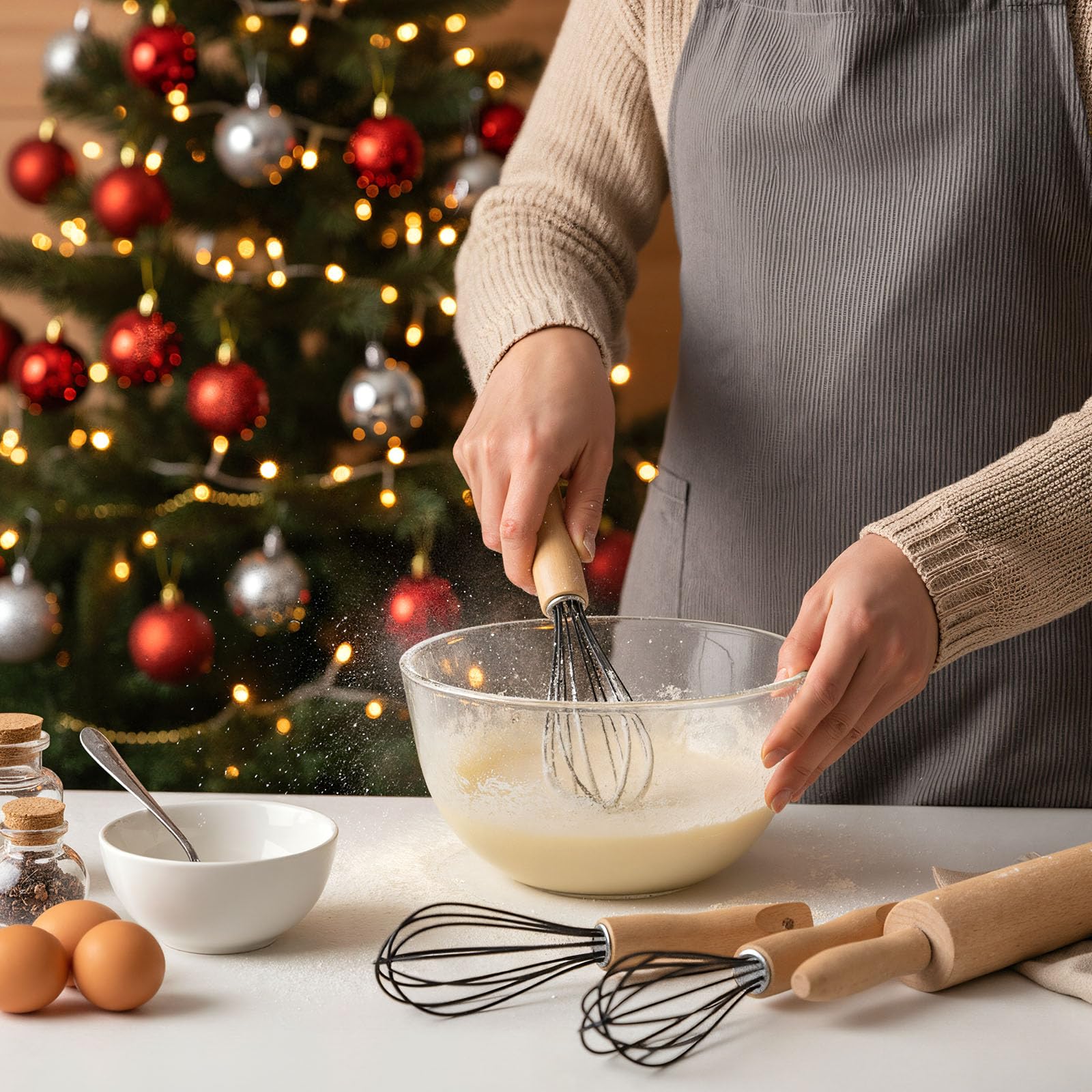 Baderke 20 Sets Baking Gifts Set Includes 8 Inch Silicone Whisk with Wood Handle Wired Stainless Steel Whisk Set Greeting Cards Plastic Bags for Party Birthday Christmas Stuffers Gift(Black)