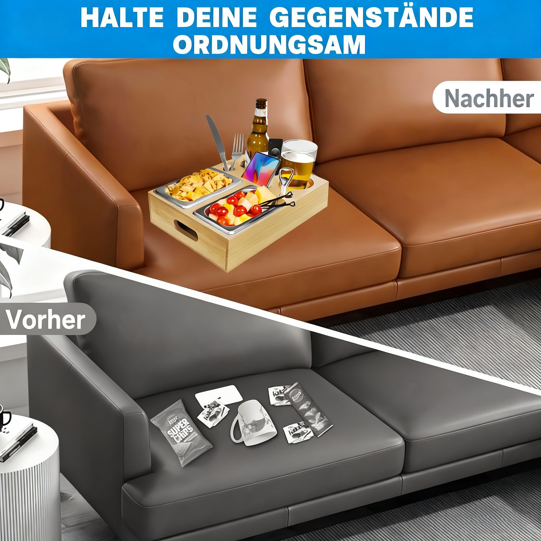 Couchbar Snackbox-Organizer Tablett- Snackspender mit 2X Snackschale -Deko,Couch Bar mit Getränkehalter-Spülmaschinenfest | Stabile Ablage,Smartphone&Fernbedienung -WohnmobilausstattunglGeschenkbox