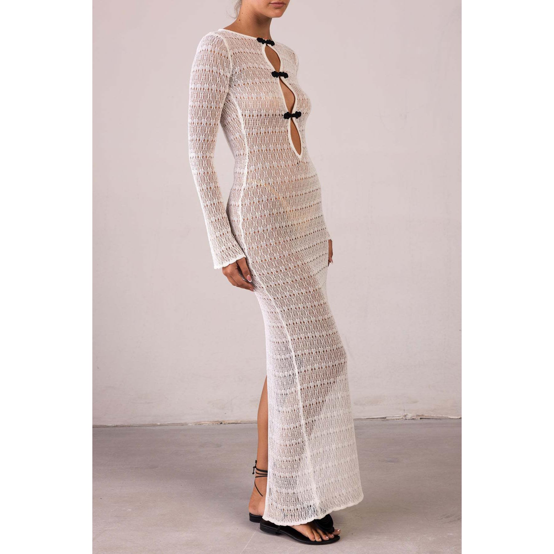 Donne a Maglia Sexy Hollow out Split Crochet Coprire Bodycon Vestito Spiaggia Vacanza,Bianca,S