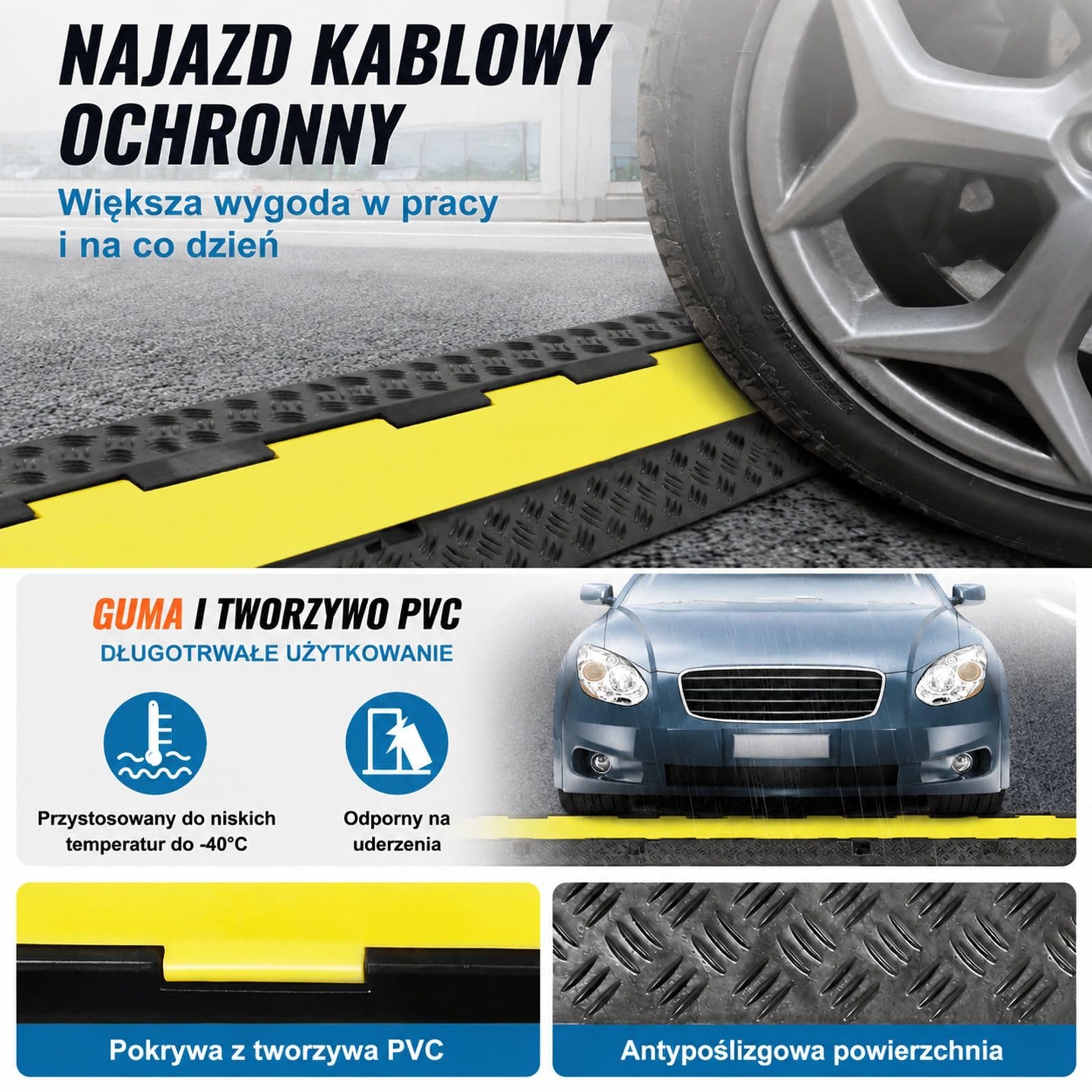 Rampa kablowa zestaw 5 sztuk, 2 kanały, czarno żółta, guma i PVC, do parkingu i prowadzenia kabli