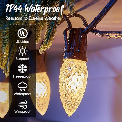 Miniatura 7 de Brightown Paquete de 2 tiras de luz C9 de 100 pies para espaciado E17-12, cadena de luces de Navidad para exteriores con 100 enchufes para patio,