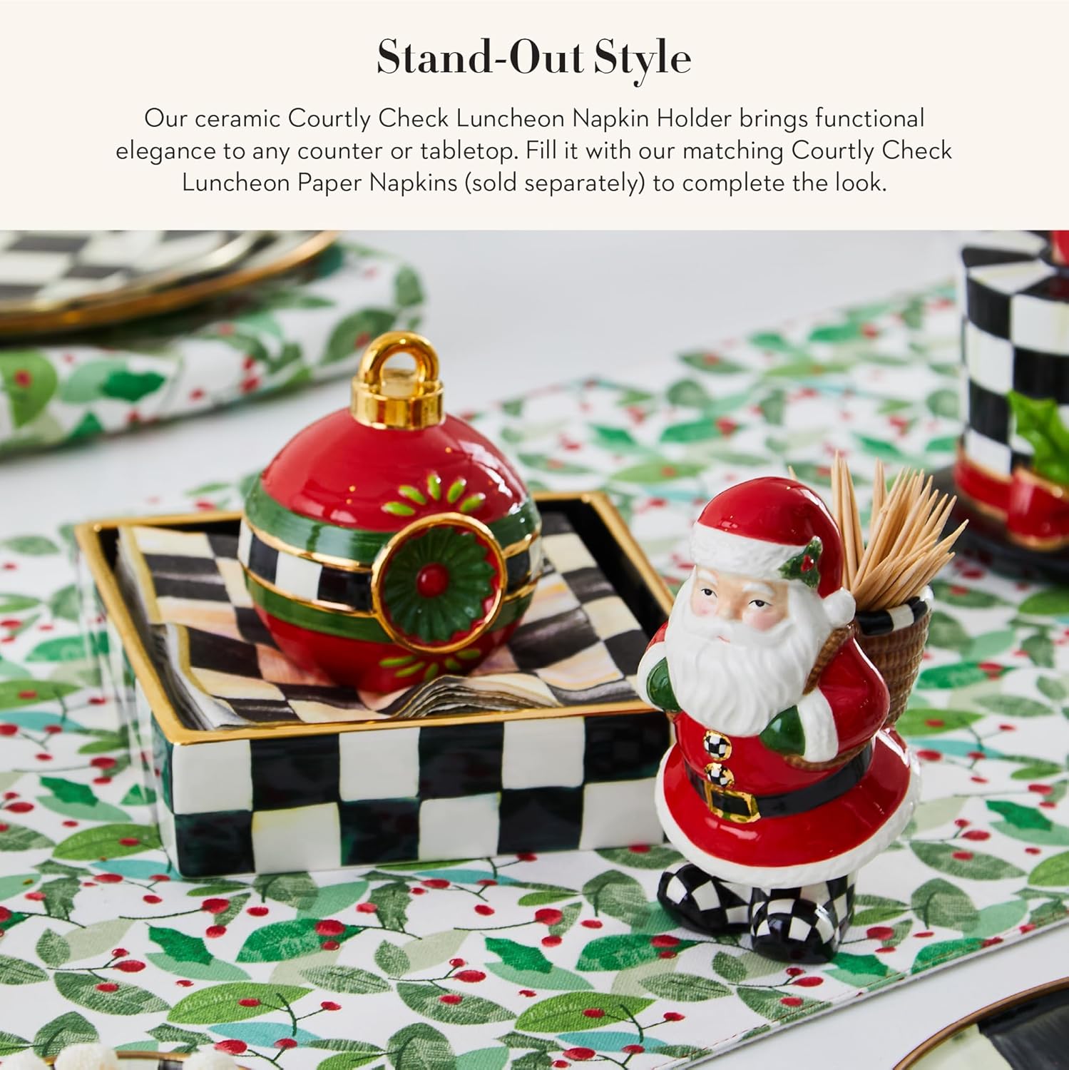 MACKENZIE-CHILDS Ceramic Luncheon Napkin Holder, Kitchen Napkin Holder for Table and Countertop, Black-and-White Courtly Check