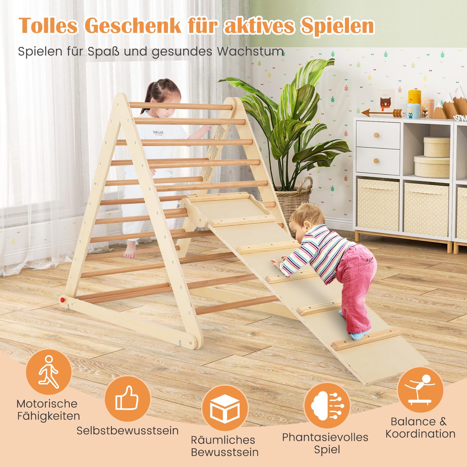 DREAMADE Kletterdreieck mit Rampe, klappbar Kletterspielzeug Holzdreieck aus Massivholz, Indoor Klettergerüst für Kinder ab 3 Jahren (Natur)