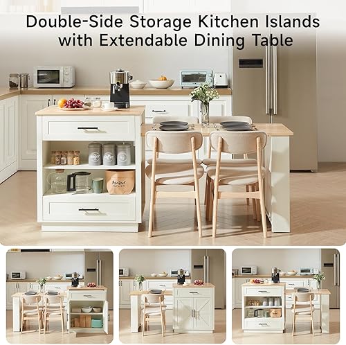 Miniatura 5 de ONBRILL Islas de cocina de 76 pulgadas con mesa de comedor extensible, mesa de isla de 2-6 para cocina, mesa de cocina móvil con almacenamiento de