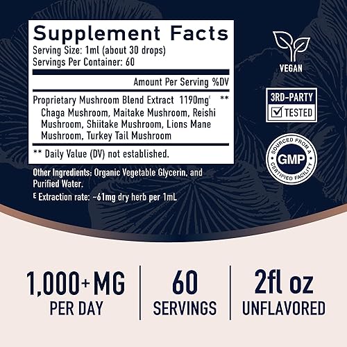 Miniatura 6 de Complejo de gotas líquidas de hongos  Suplemento de melena de león con hongo de cola de pavo, reishi, shiitake y más  Apoya la función cognitiva,