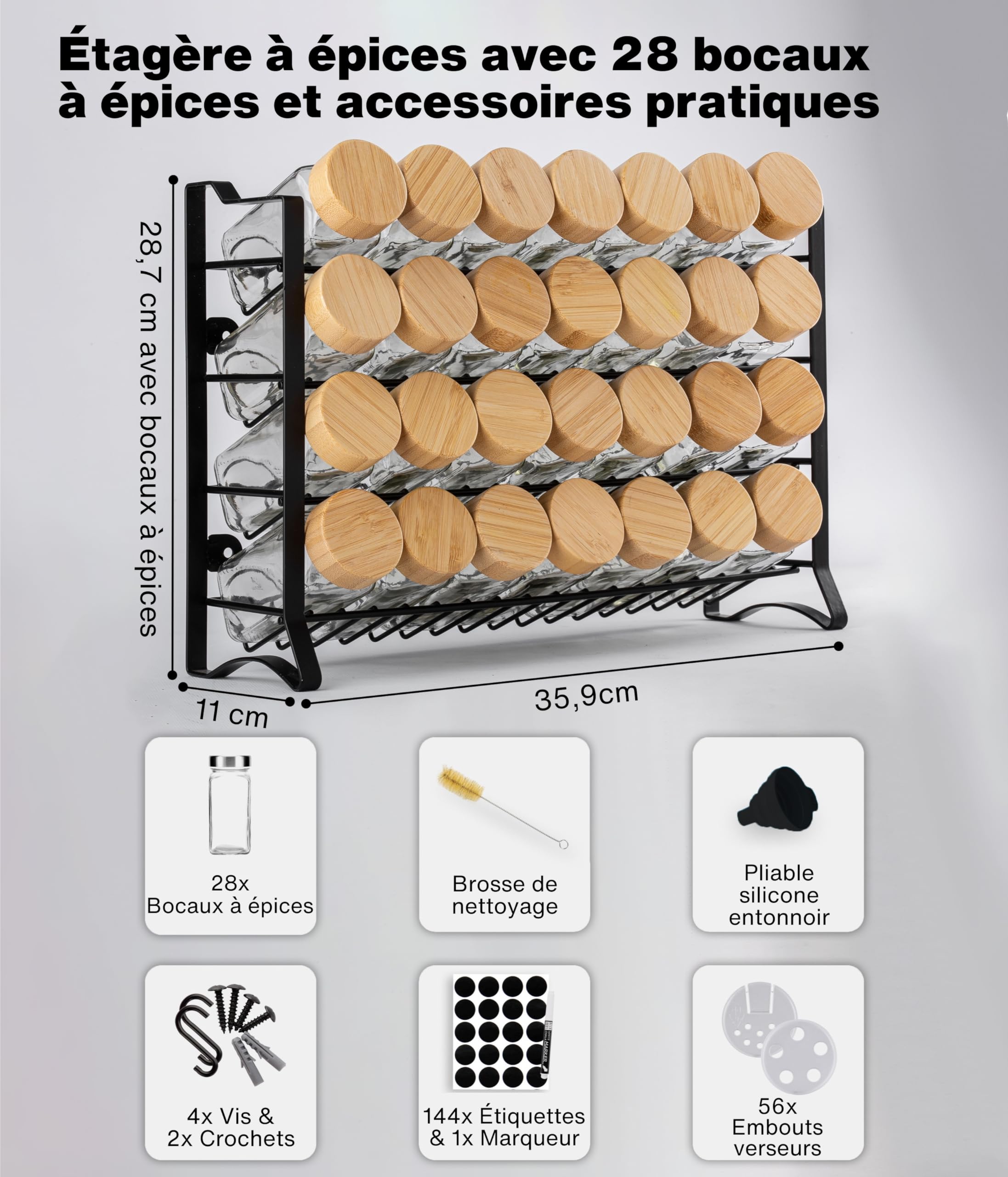 Deco haus® Étagère à épices pour cuisine – 28 pots à épices, organisateur d'épices en métal à 4 niveaux, 28 pots à épices, 144 étiquettes, design autonome ou à monter