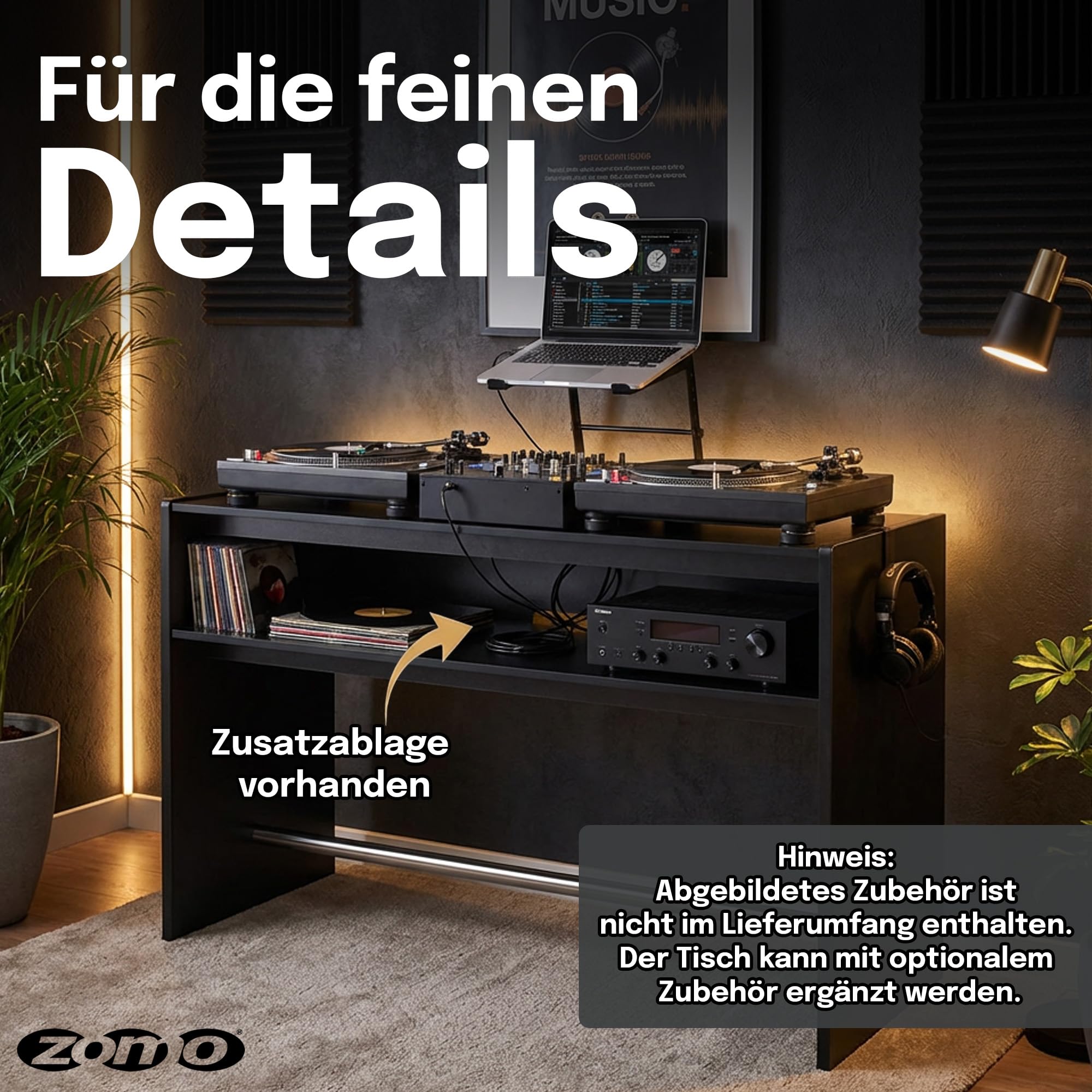 Zomo Deck Stand Ibiza 150 - DJ Tisch 153 x 50,6 x 96 cm - Schwarz - MDF Holz - 46,1 kg - für 2 Decks und einen Mixer bis 19 Zoll